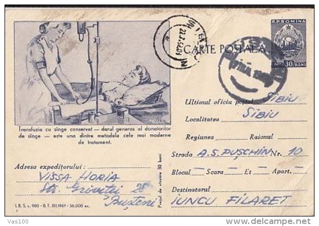 MEDICINE, BLOOD DONATIONS, NURSE, PC STATIONERY, ENTIER POSTAL, 1962, ROMANIA - Medicine