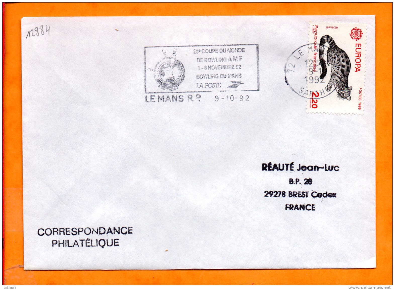 SARTHE, Le Mans, Flamme SCOTEM N° 12884, 20e Coupe Du Monde De Bowling, 1-8 Novembre 1992 - Mechanische Stempels (reclame)