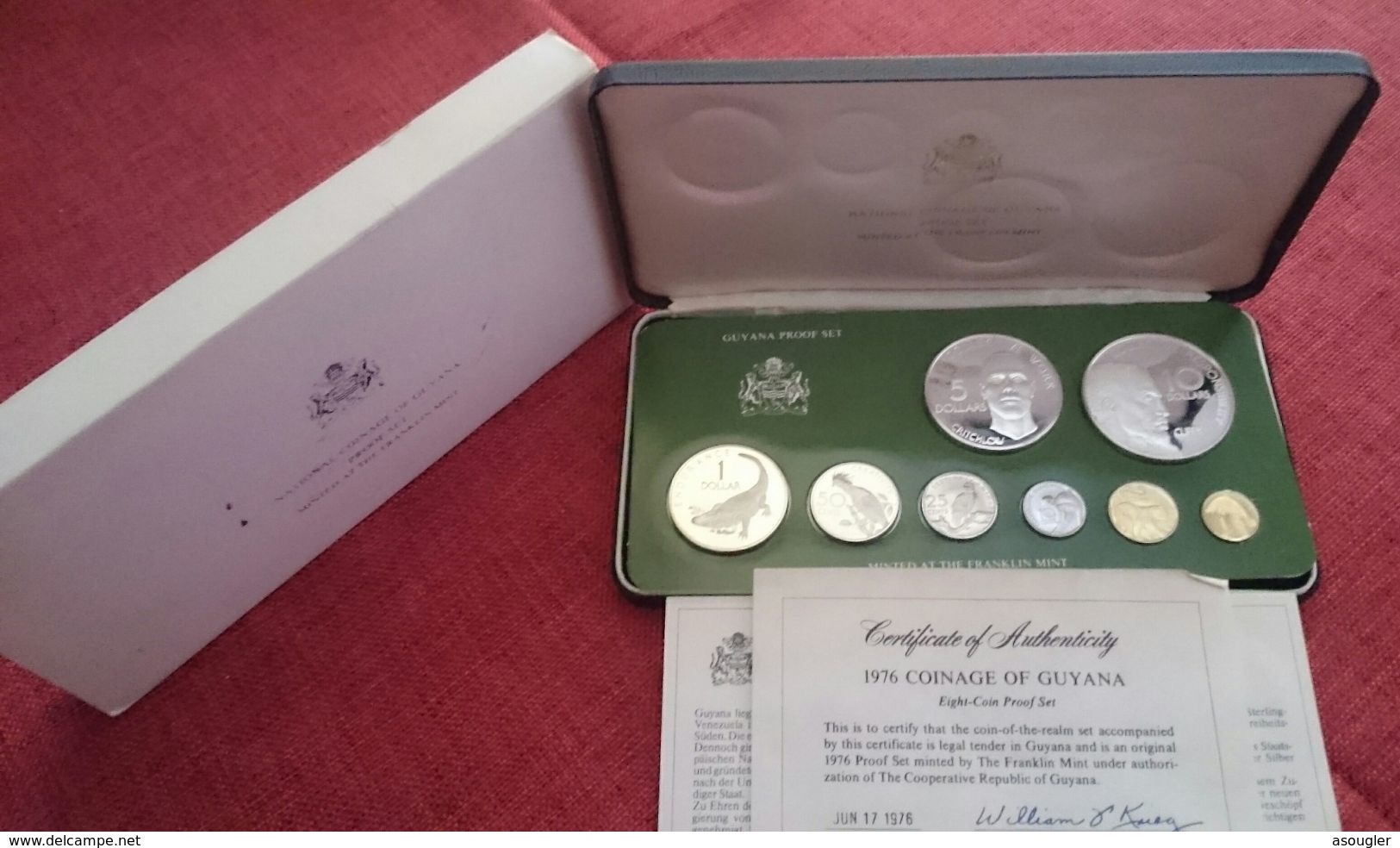 Guyana 1976 Proof Set 8 Coins Up To 5 & 10 Dollars Cased + COA (free Shipping Via Registered Air Mail) - Guyana