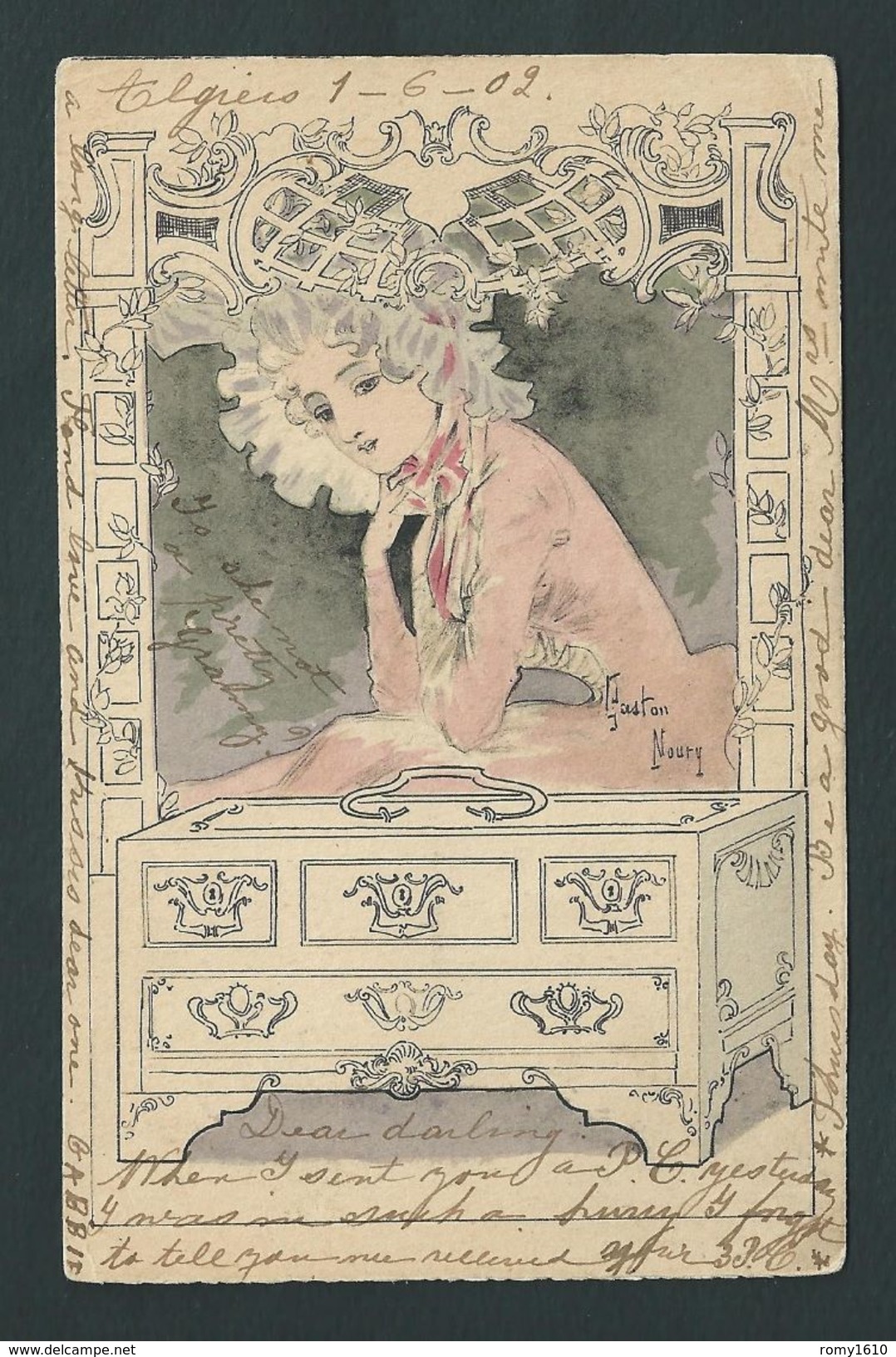 Gaston Noury. Jolie Femme Au Coffret. Robe Rose Et Charlotte  Série Les Coffrets. Art-nouveau. Voyagée. 2 Scans. - Autres & Non Classés