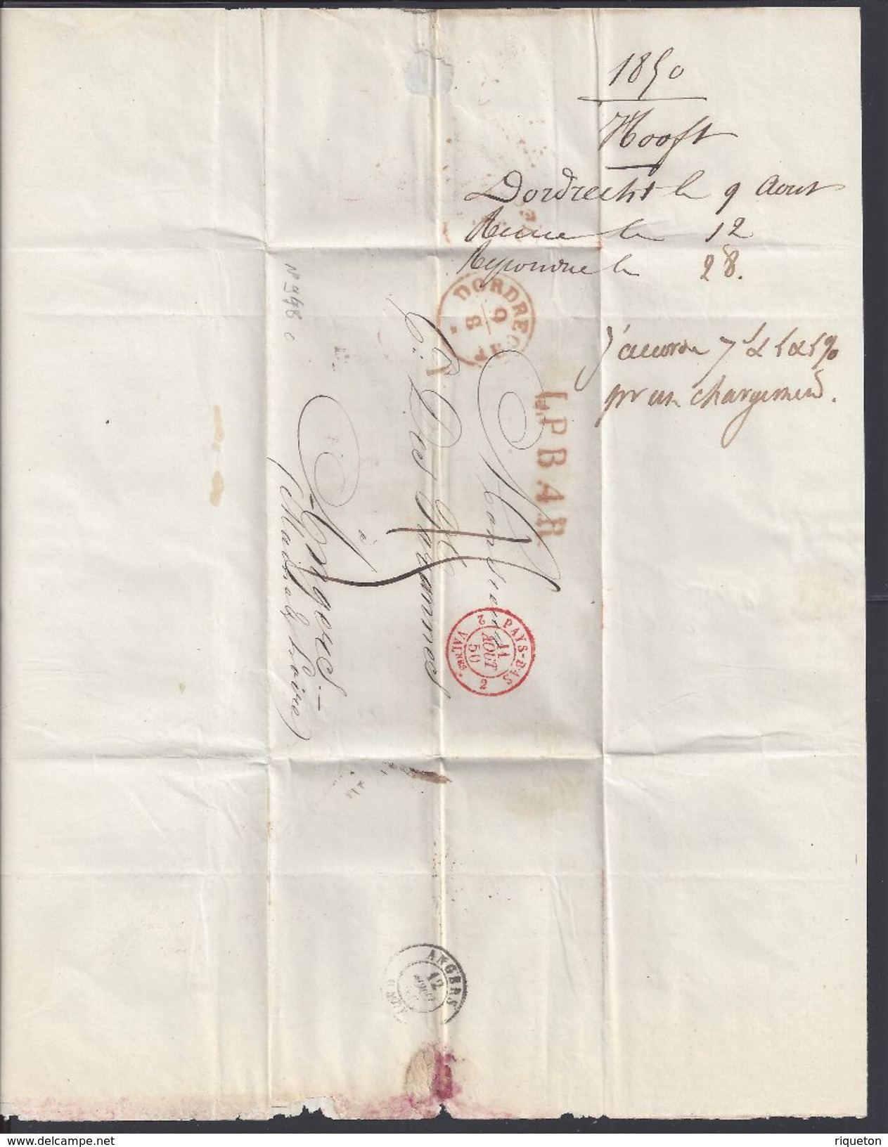 PAYS-BAS- Pli De Dordrecht Du 9 Août 1850 Pour Angers (FR) Port Dû, Taxe Manuscrite 15 Décimes - Marque L.P.B.4.R - TB - - ...-1852 Voorlopers