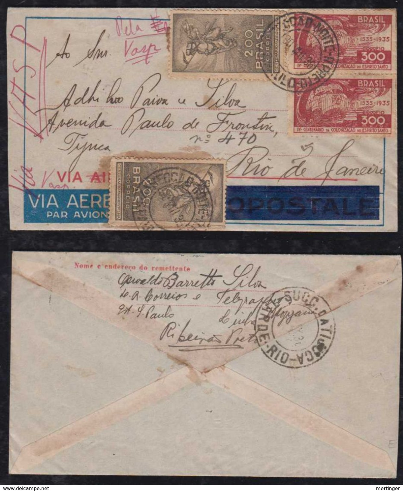 Brazil Brasil 1936 VASP Airmail Cover RIBEIRAS PRETO To RIO Letter Inside - Posta Aerea