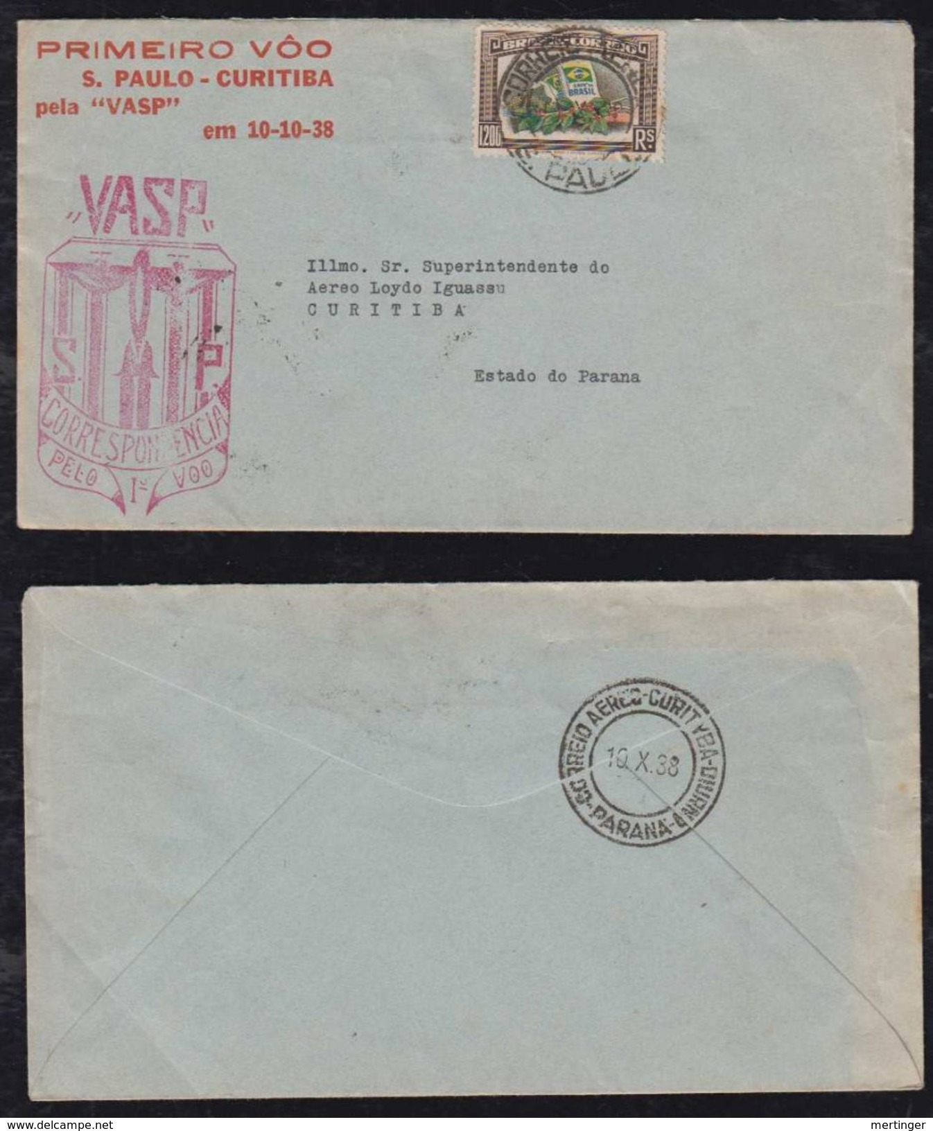 Brazil Brasil 1938 Airmail FFC First Flight VASP SAO PAULO – CURITIBA - Posta Aerea