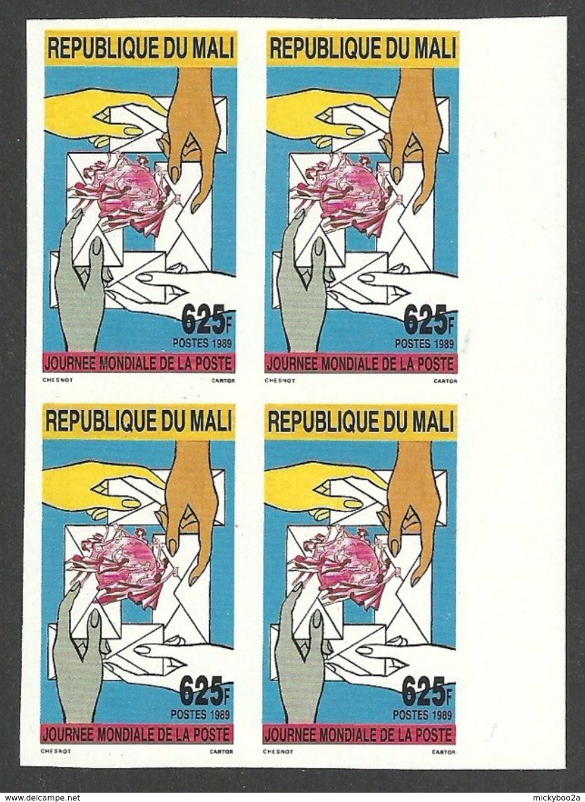 MALI 1989 WORLD POST DAY UPU HANDS IMPERF SET BLOCK OF 4 MNH - Mali (1959-...)