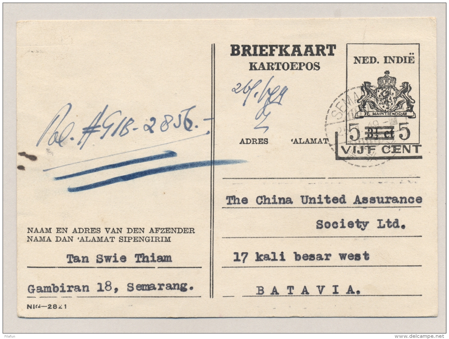 Nederlands Indië - 1949 - 5 Cent Opdruk Op 3,5 Cent Briefkaart Australische Druk, G76b-1 Van Semarang Naar Batavia - Nederlands-Indië