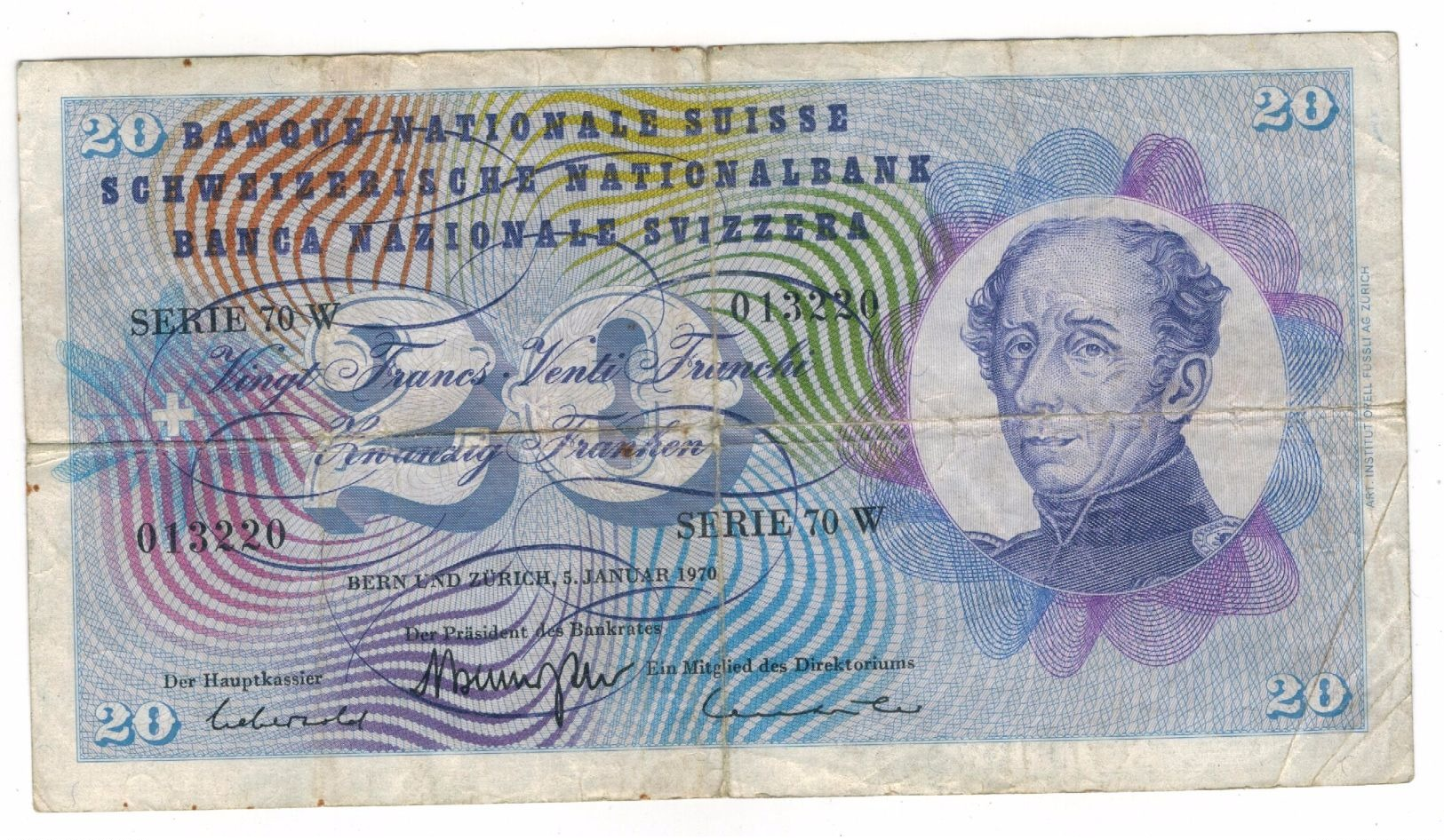 Switzerland 20 Fr. 1970, F+. - Suiza