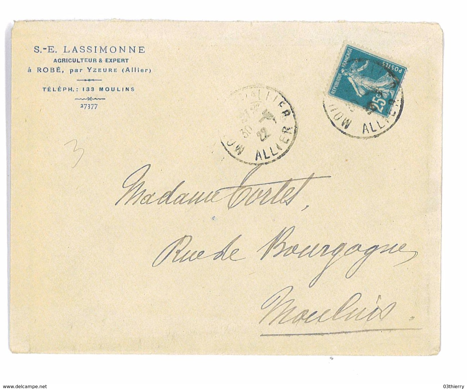 ENVELOPPE + LETTRE 1922 ENTETE S.E. LASSIMONE AGRICULTEUR EXPERT A ROBE PAR YZEURE 03 - Agriculture
