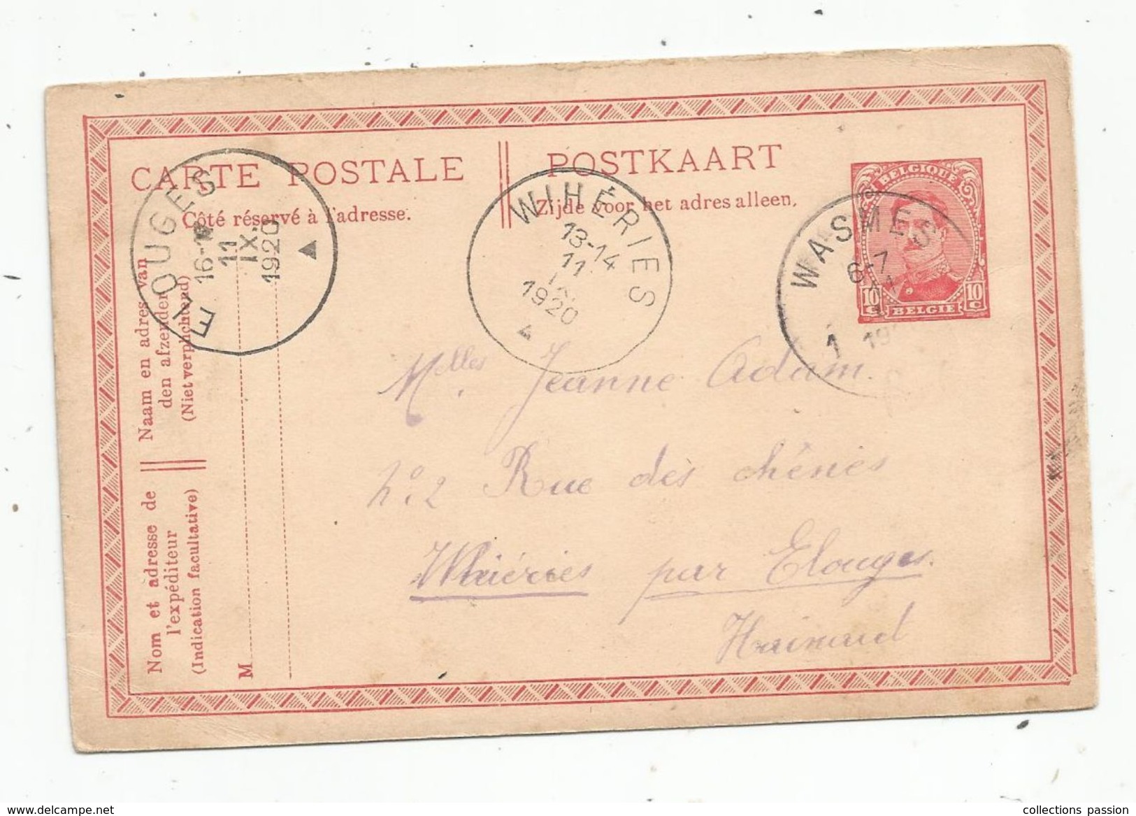 Carte Postale , Entier Postal , WIHERIES , ELOUGES ,  1920 - Postcards 1909-1934