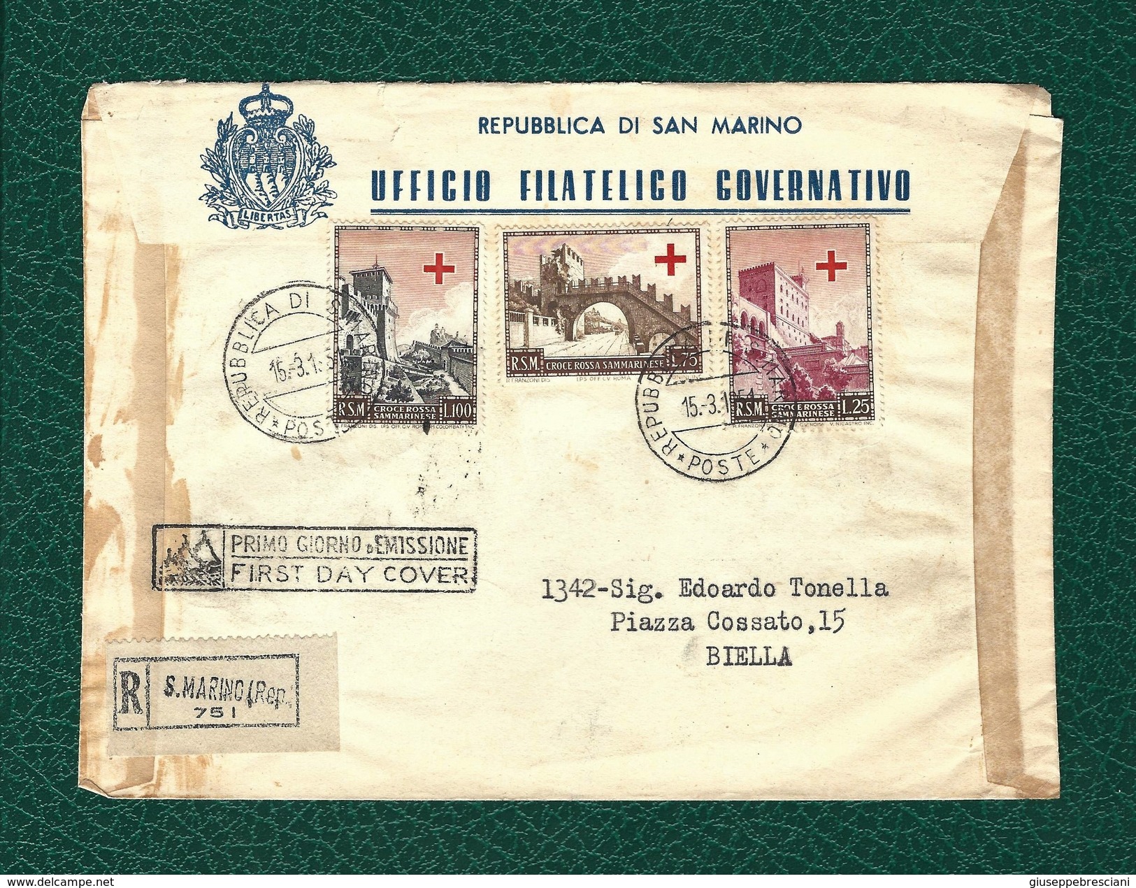 SAN MARINO 1941 - FDC Viaggiata Da San Marino A Biella - Pro Croce Rossa - 3 Valori - Sassone 369-71 - FDC