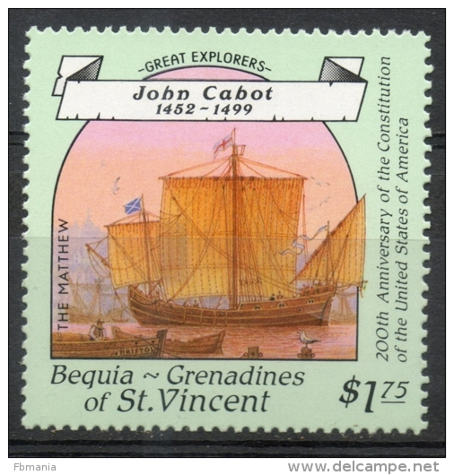 Bequia Grenadines St. Vincent 1988 - Grandi Esploratori, Great Explorers John Cabot MNH ** - St.Vincent E Grenadine