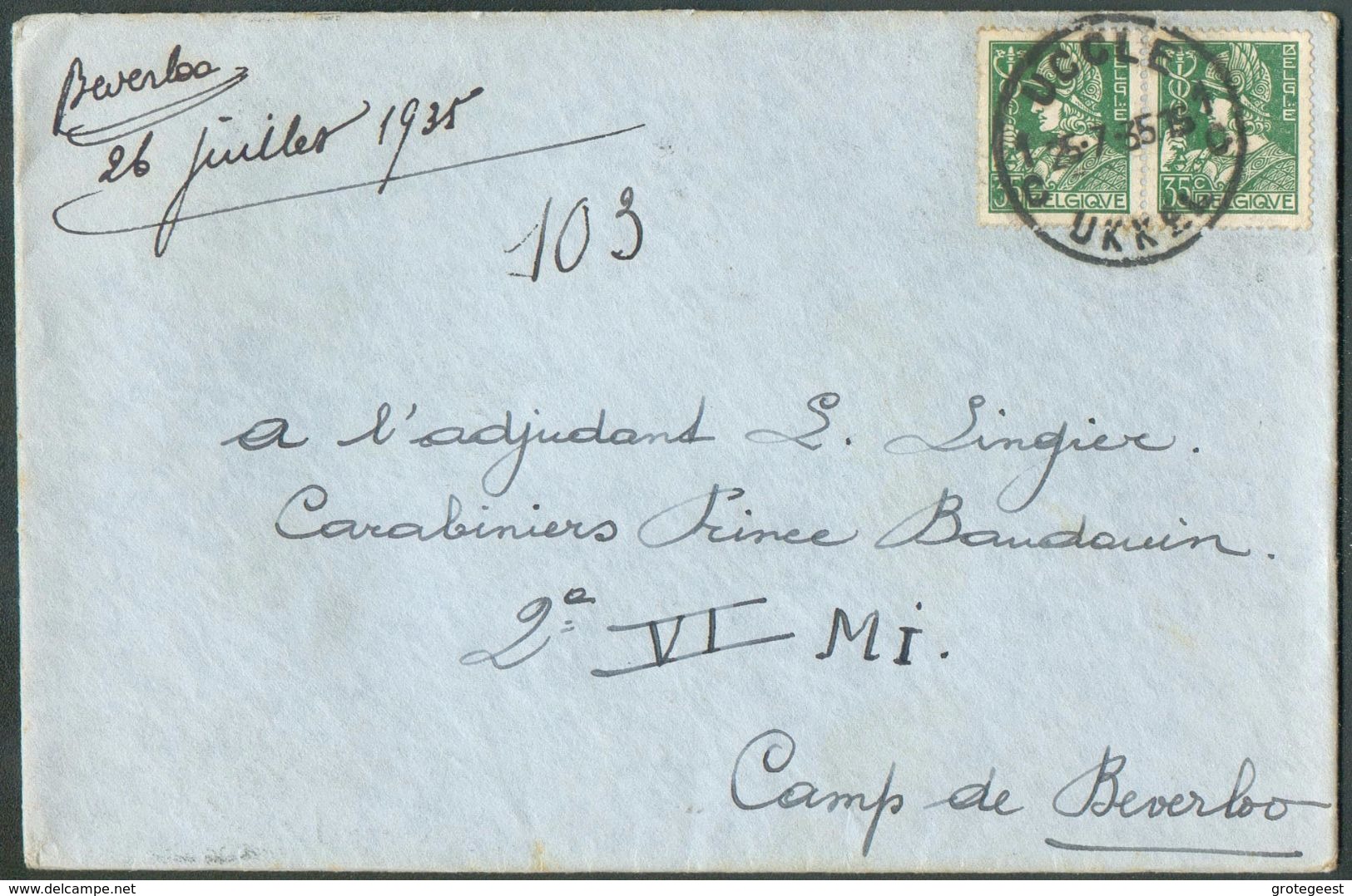 35 Cent. MERCURE (x2)  Obl. Sc DeUCCLE  Sur Lettre Du 25-7-1935 Vers Adjudant Lingier, Carabiniers Prince Baudouin 2è Au - 1932 Ceres And Mercurius