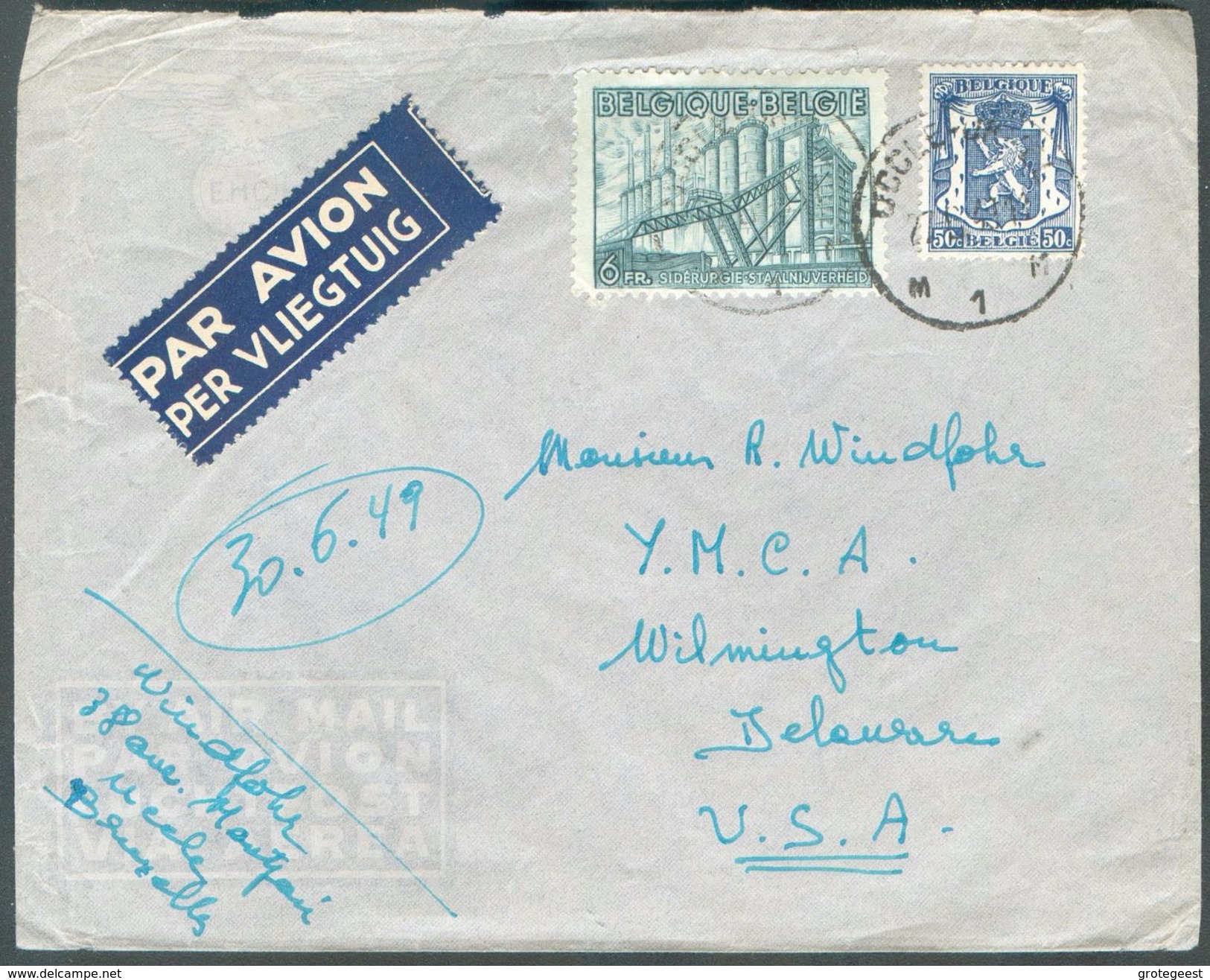 50c. Petit Sceau De L'Etat + 6Fr. Industrie Obl. Sc UCCLE 1 Sur Lettre Par Avion 27-9-1949 Vers UA  - 12244 - 1948 Export