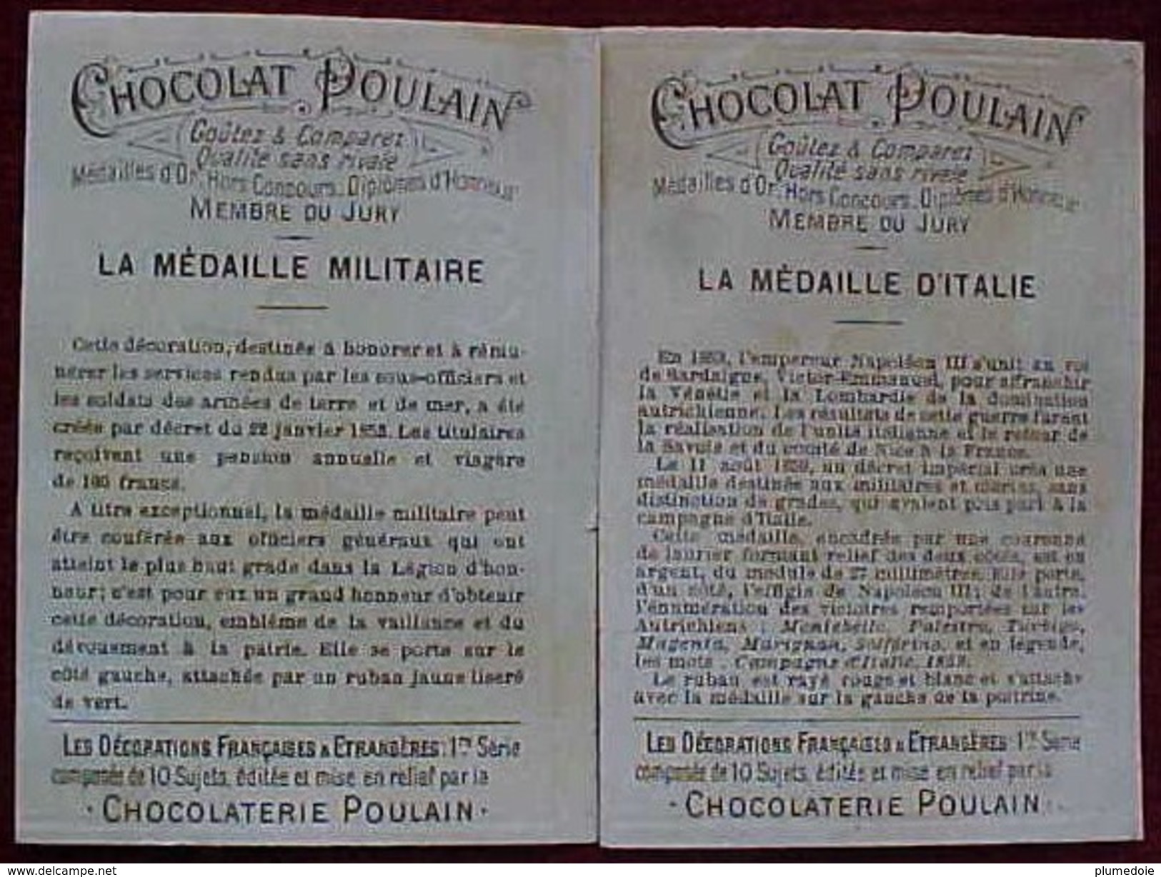 POULAIN Lot De 2 CHROMO Gaufrées MEDAILLE MILITAIRE ZOUAVES Et D' ITALIE , DECORATION , 2 Old Advert MILITARY MEDALS - Poulain