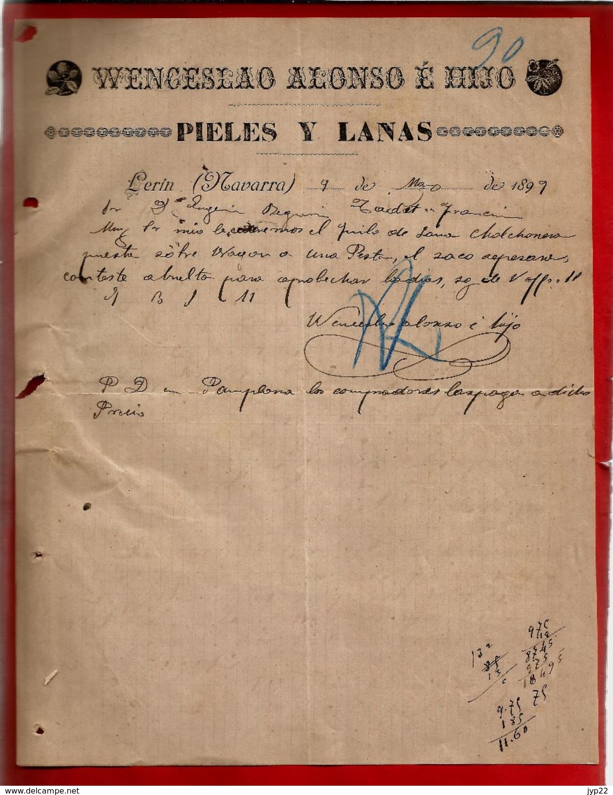Courrier Espagne Wenceslao Alonso E Hijo Pieles Y Lanas Lerin Navarra 9-03-1899 - écrit En Espagnol - Spanje