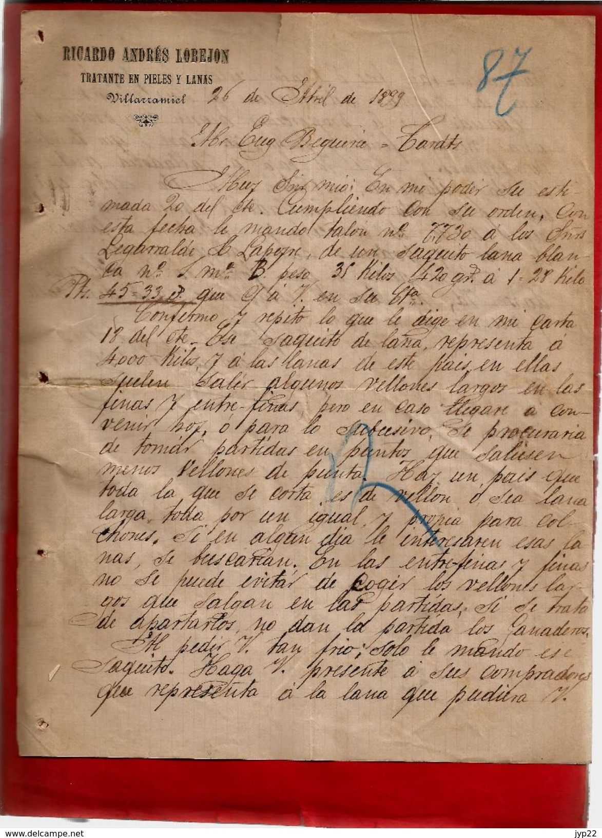 Courrier Espagne Ricardo Andrés Lobejon Villarramiel 26-04-1899 - écrit En Espagnol - Pieles Y Lanas Laine - España