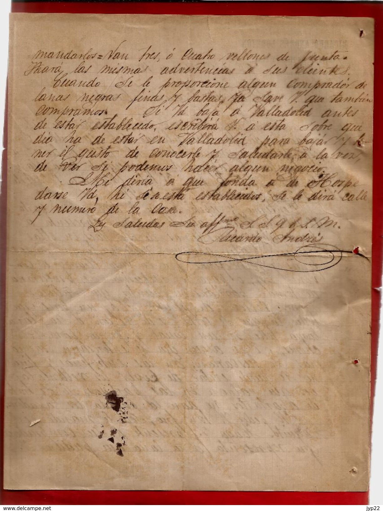 Courrier Espagne Ricardo Andrés Lobejon Villarramiel 26-04-1899 - écrit En Espagnol - Pieles Y Lanas Laine - Espagne