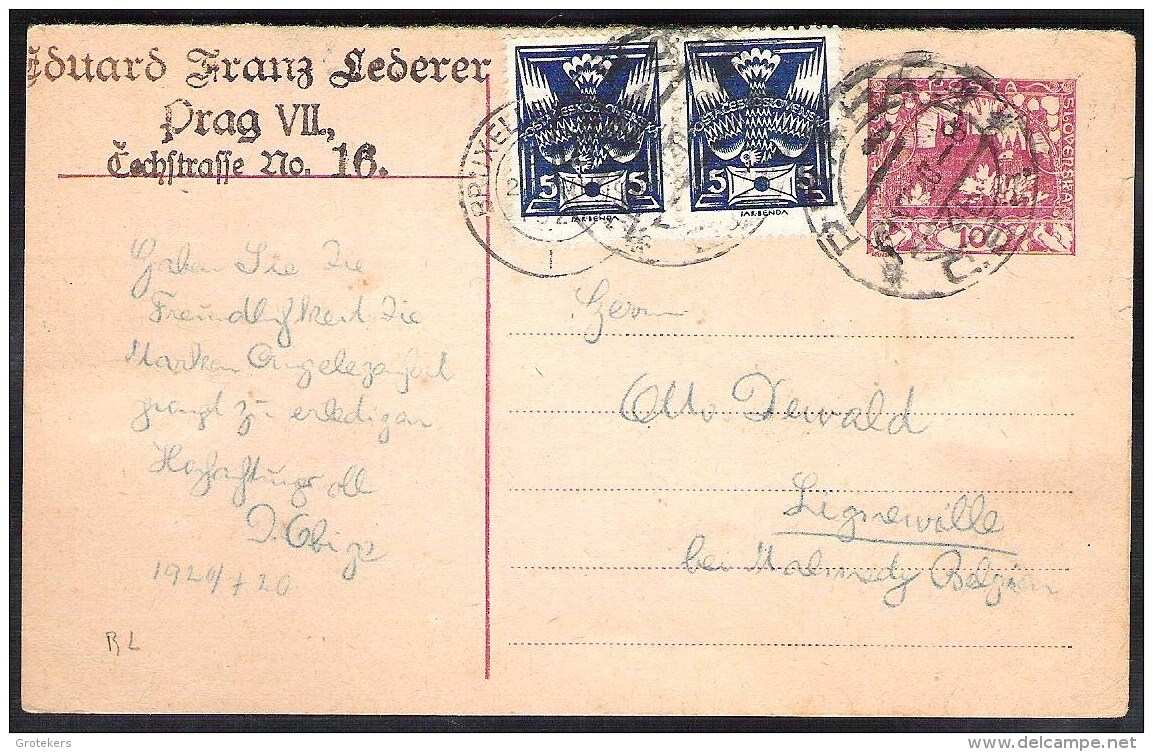 CESKOSLOVENSKO 1920 Postal Stationery Mi. P10 With Additional Stamps Sent PRAHA To LIGNEVILLE (Belgium) - Ansichtskarten