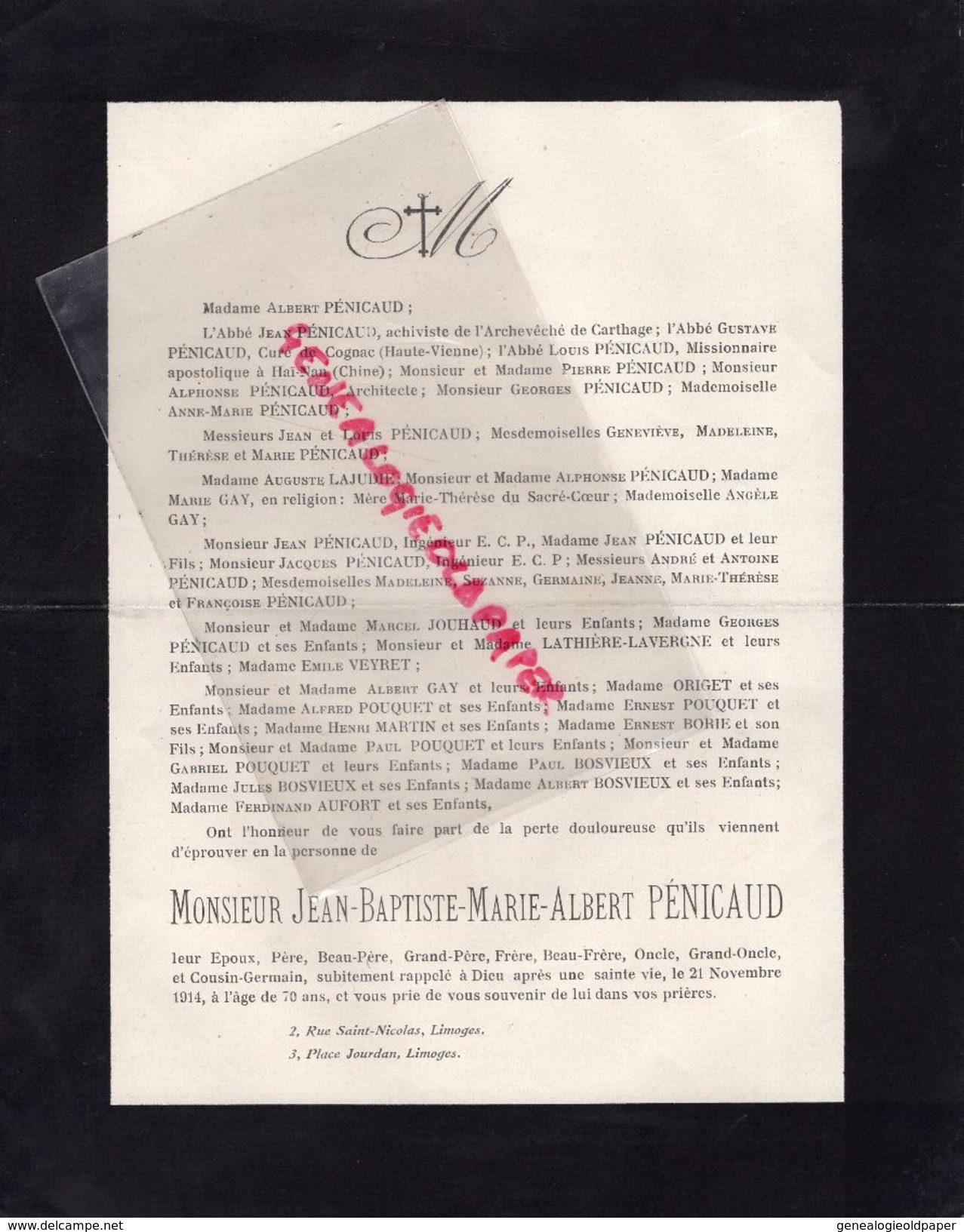 87-LIMOGES-FAIRE PART DECES ALBERT PENICAUD-21-11-1914-JEAN PENICAUD ARCHEVECHE CARTHAGE-LAJUDIE-GAY-JOUHAUD-ORIGET - Décès