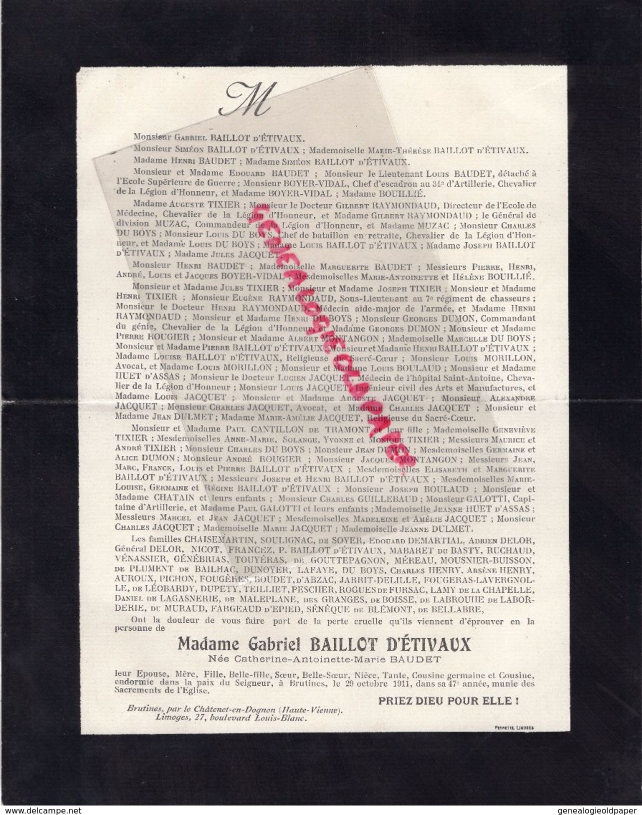 87-BRUTINES CHATENET EN DOGNON-FAIRE PART DECES GABRIEL BAILLOT D' ETIVAUX-29-11-1911-BAUDET-TIXIER-BOYER VIDAL-JACQUET - Obituary Notices