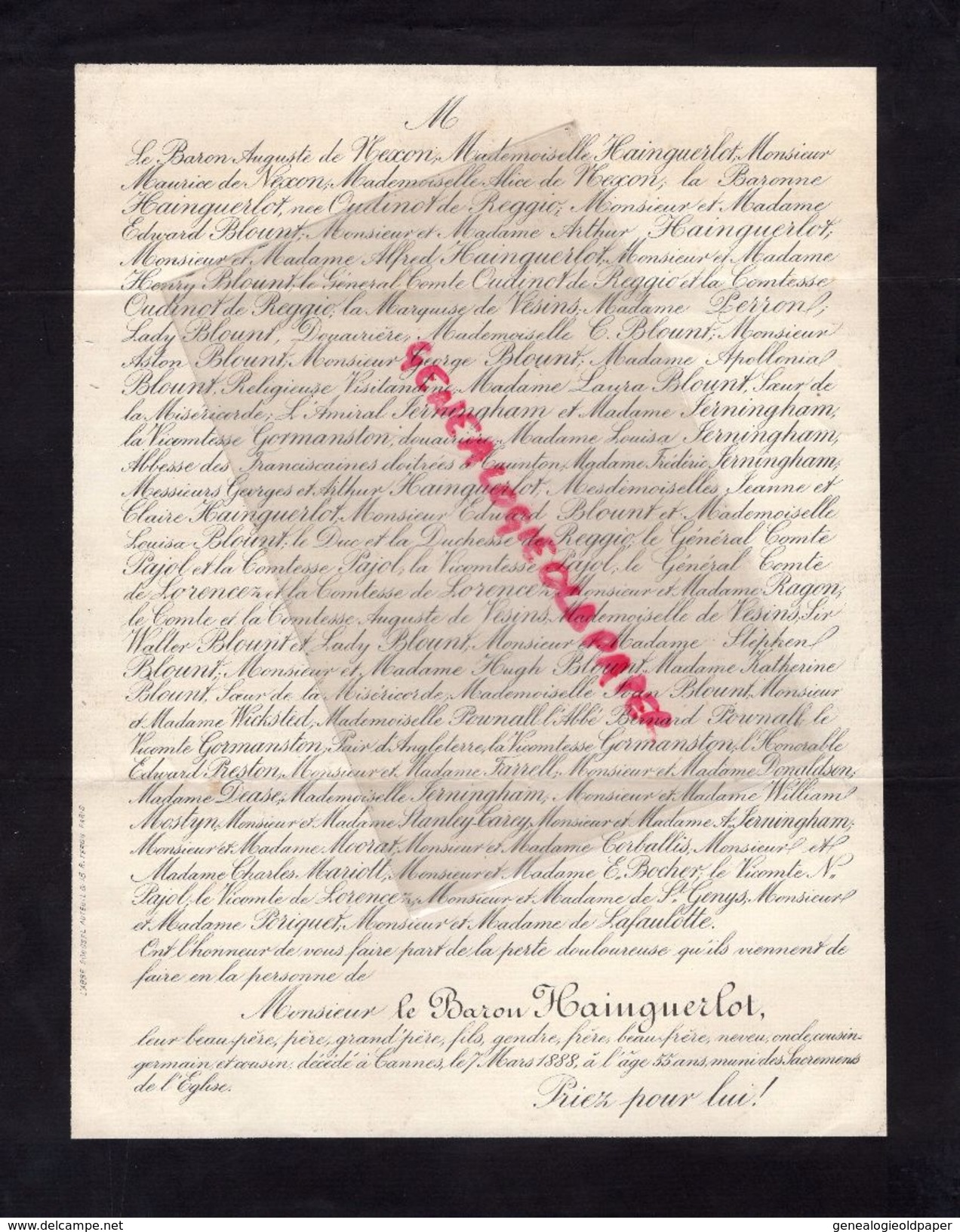 87-BARON DE NEXON -FAIRE PART DECES BARON HAINGUERLOT A CANNES 7-3-1888-OUDINOT DE REGGIO-EDOUARD BLOUNT-PAJOL- - Obituary Notices