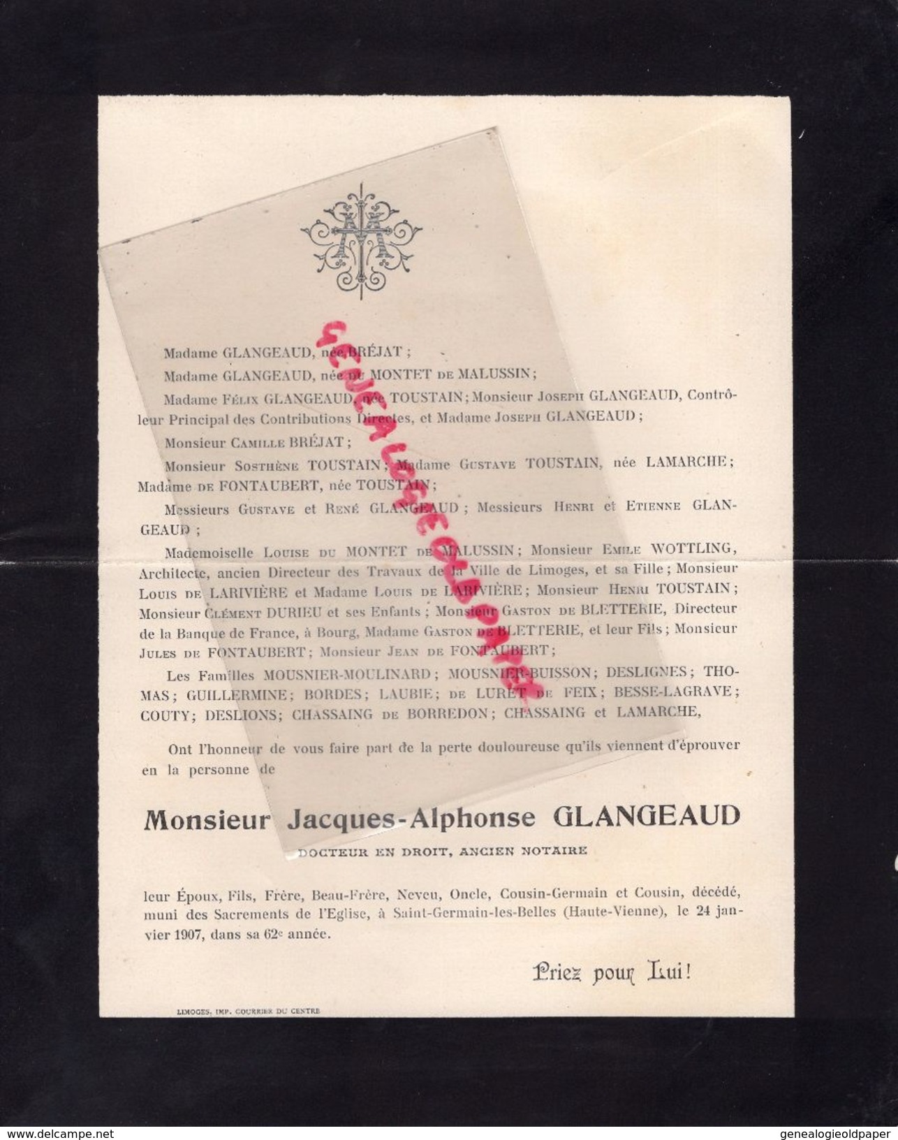 87-ST -SAINT GERMAIN LES BELLES-FAIRE PART DECES JACQUES GLANGEAUD-NOTAIRE -24-1-1907-MONTET DE LAUSSIN-TOUSTAIN-BREJAT- - Obituary Notices