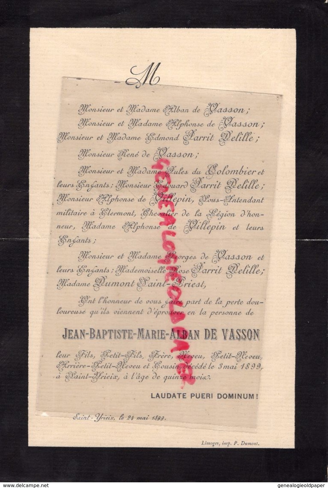 87-ST SAINT YRIEIX-FAIRE PART DECES J.BAPTISTE MARIE ALBAN DE VASSON-1899-JARRIT DELILLE-JULES DU COLOMBIER-DE VILLEPIN- - Esquela