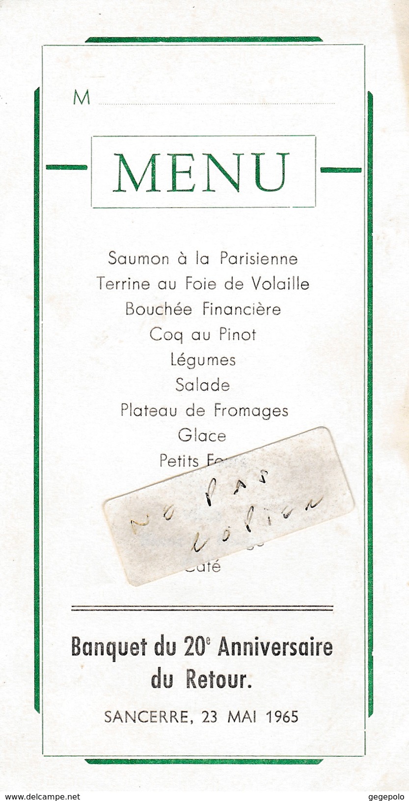 SANCERRE - Banquet Du 20ème Anniversaire Du Retour Du 23 Mai 1965 ( 8,6 Cm X 16,6 Cm ) - Menükarten