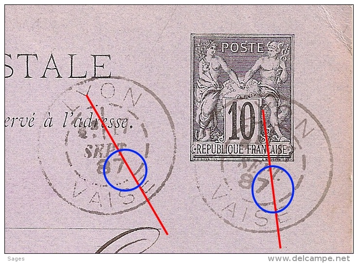 Première Date Répertoriée DAGUIN R/84m, LYON VAISE Sur ENTIER SAGE Pour ST CLAUDE. 17 SEPT 87. - 1877-1920: Periodo Semi Moderno