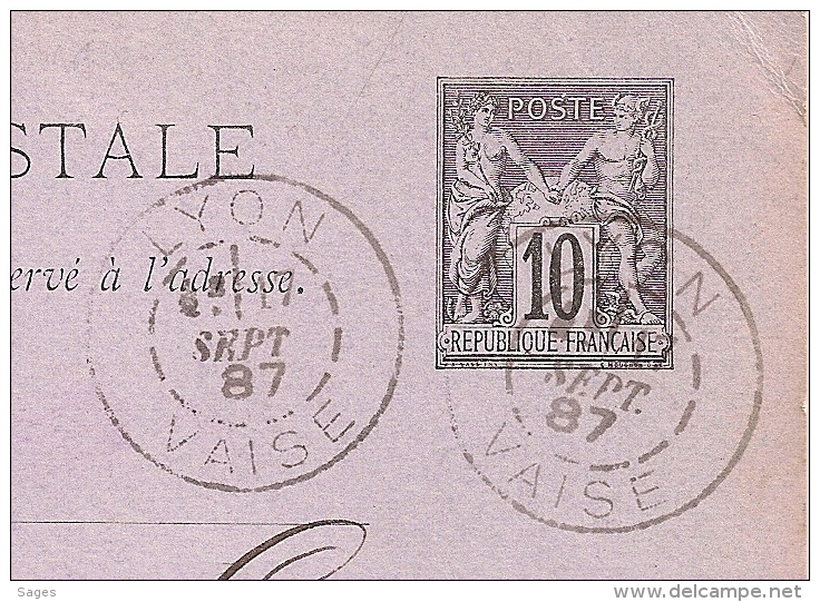 Première Date Répertoriée DAGUIN R/84m, LYON VAISE Sur ENTIER SAGE Pour ST CLAUDE. 17 SEPT 87. - 1877-1920: Periodo Semi Moderno