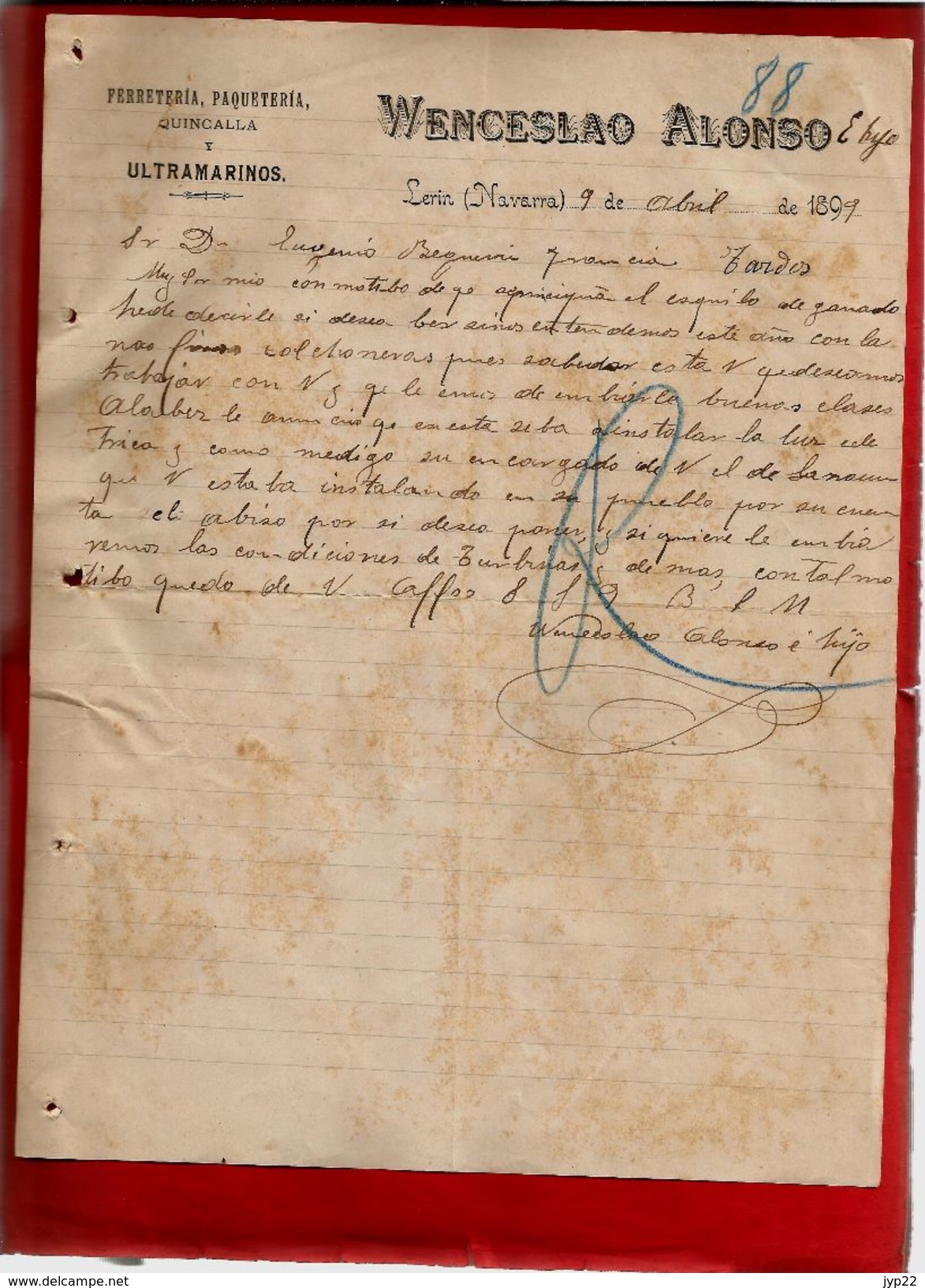 Courrier Espagne Wenceslao Alonso E Hijo Quincalla Ferretaria Paqueteria Lerin Navarra 9-04-1899 - écrit En Espagnol - España