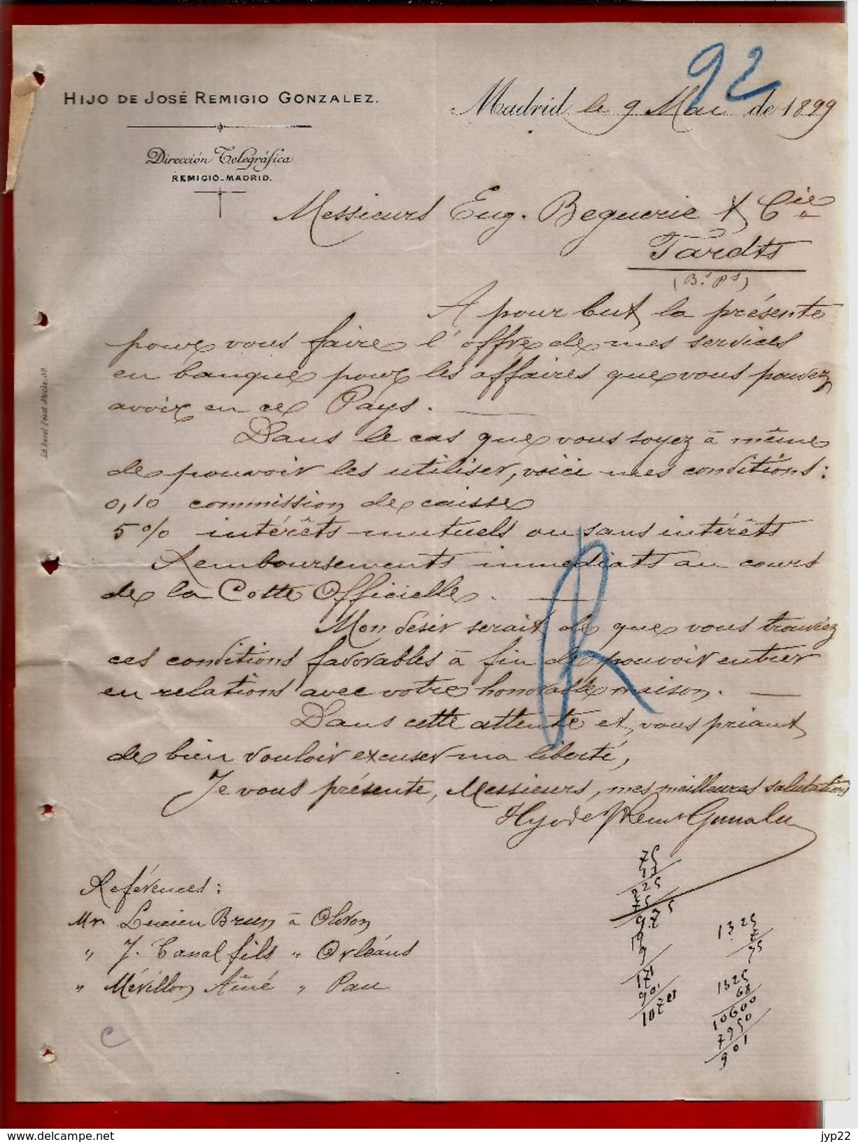 Courrier Espagne Hijo De José Remigio Gonzalez Madrid 9-05-1899 - écrit En Français - Spain