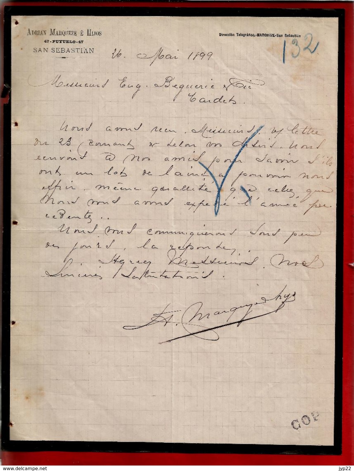 Courrier Espagne Adrian Marqueze E Hijos Puyuelo San Sebastian Saint Sébastien 26-05-1899 - écrit En Français - Spanje