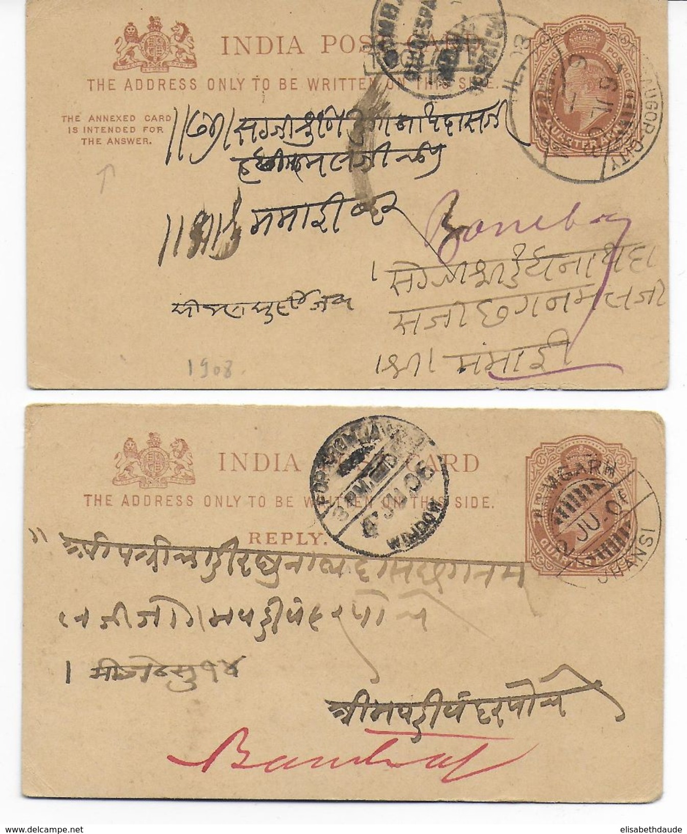 1906/1908 - INDIA - 2 CARTES ENTIER Avec REPONSE PAYEE (REPLY) - 1902-11 Roi Edouard VII