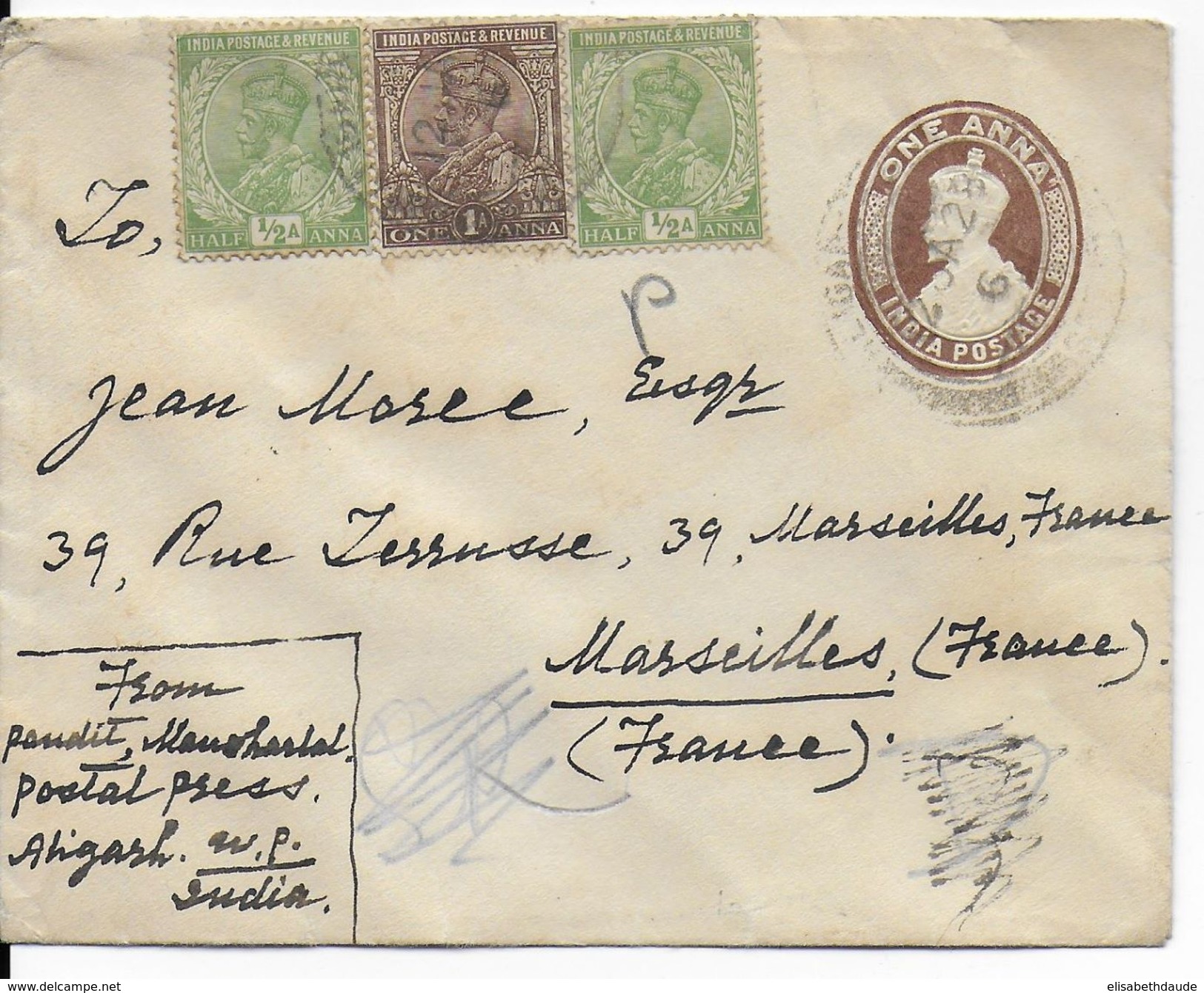 1928 - INDIA - ENVELOPPE ENTIER De ALIGARH => MARSEILLE - 1911-35 Koning George V