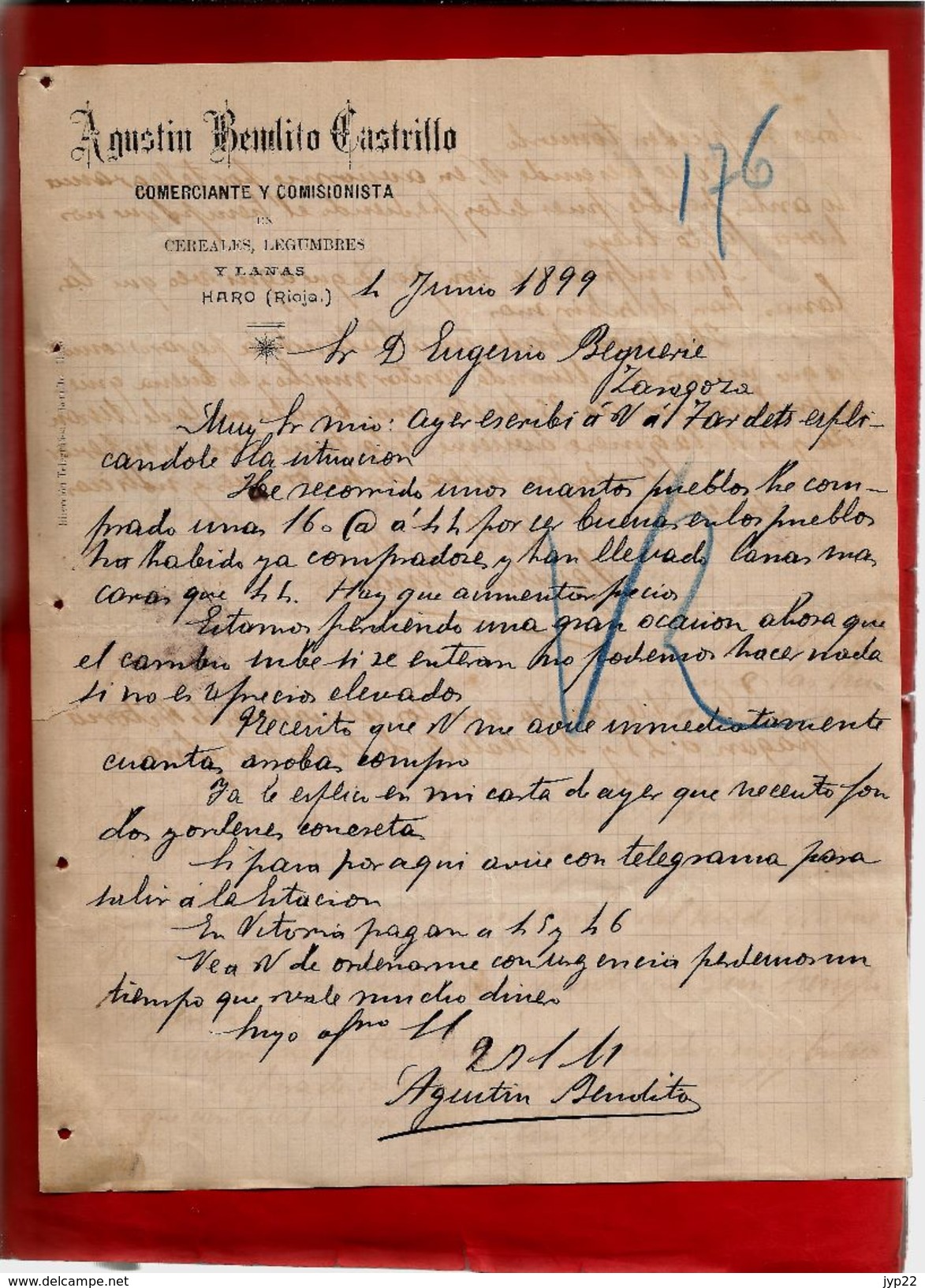 Courrier Espagne Agustin Bendito Castrillo Commerce Céréale Légumes Y Lanas Haro Rioja 4-06-1899 - écrit En Espagnol - España