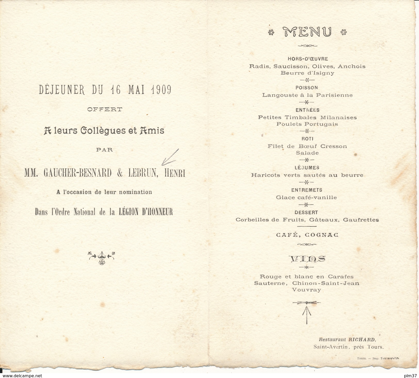 SAINT AVERTIN, Indre Et Loire - Déjeuner 1909, Restaurant Richard - Nomination à La Légion D'Honneur - Menus