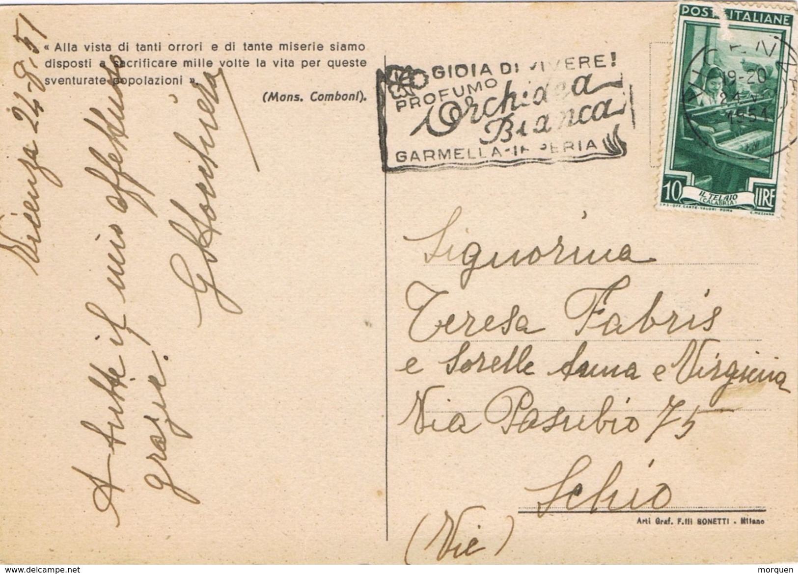 25603. Postal VICENZA (Italia) 1951. Slogan ORCHIDEA BIANCA. Orquidea, Flowers - 1946-60: Marcofilia