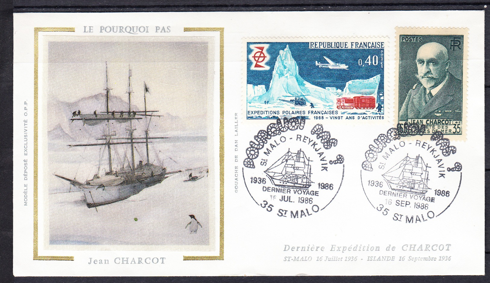 FRANCIA  1986. FDC SOBRE 1er. DIA. DERNIÈRE EXPÉDITION DE CHARCOT. St.MALO-REYKJAVIK 1936-1986   CECI 1 Nº 288 - 1961-....