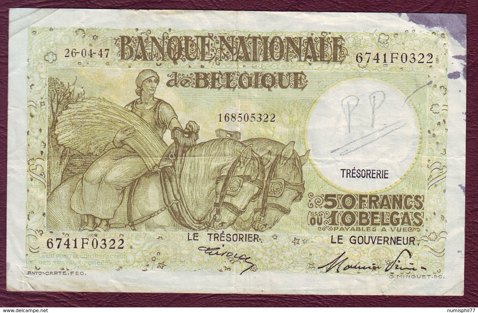 BELGIQUE - 50 FRANCS Ou 10 BELGAS 26/04/1947 - Pick.106 - 50 Franchi-10 Belgas