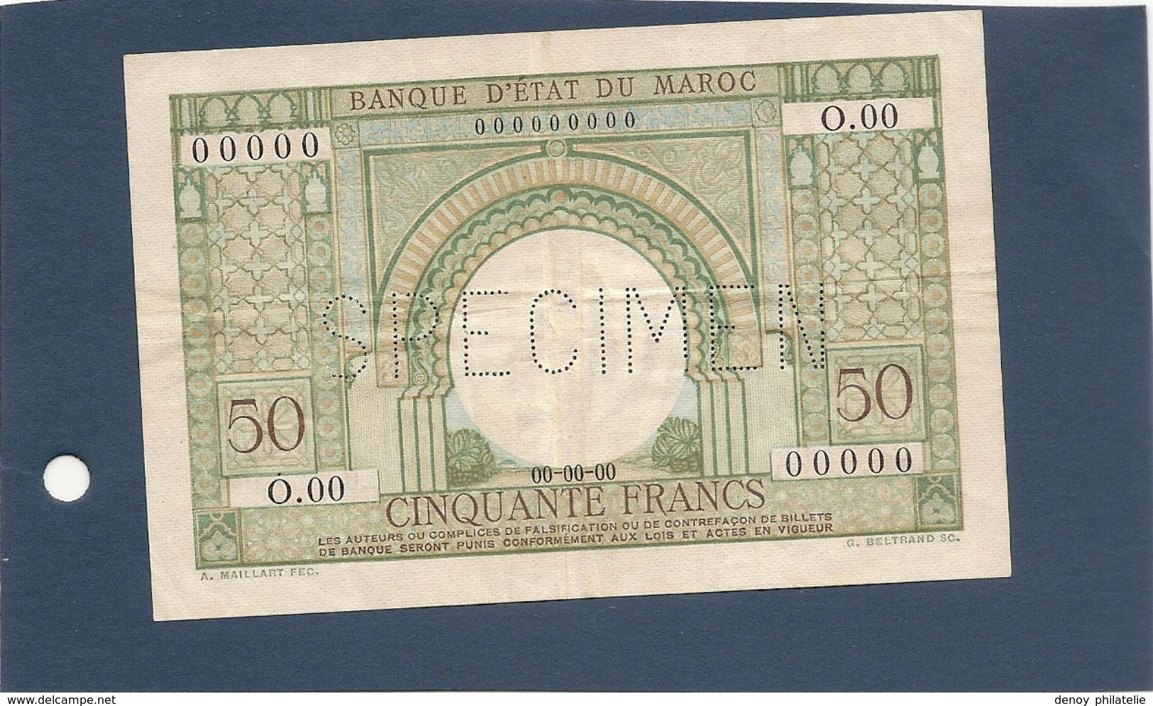 Maroc Billet De 50 Francs Specimen RRRR Plusieurs Plis - Marocco