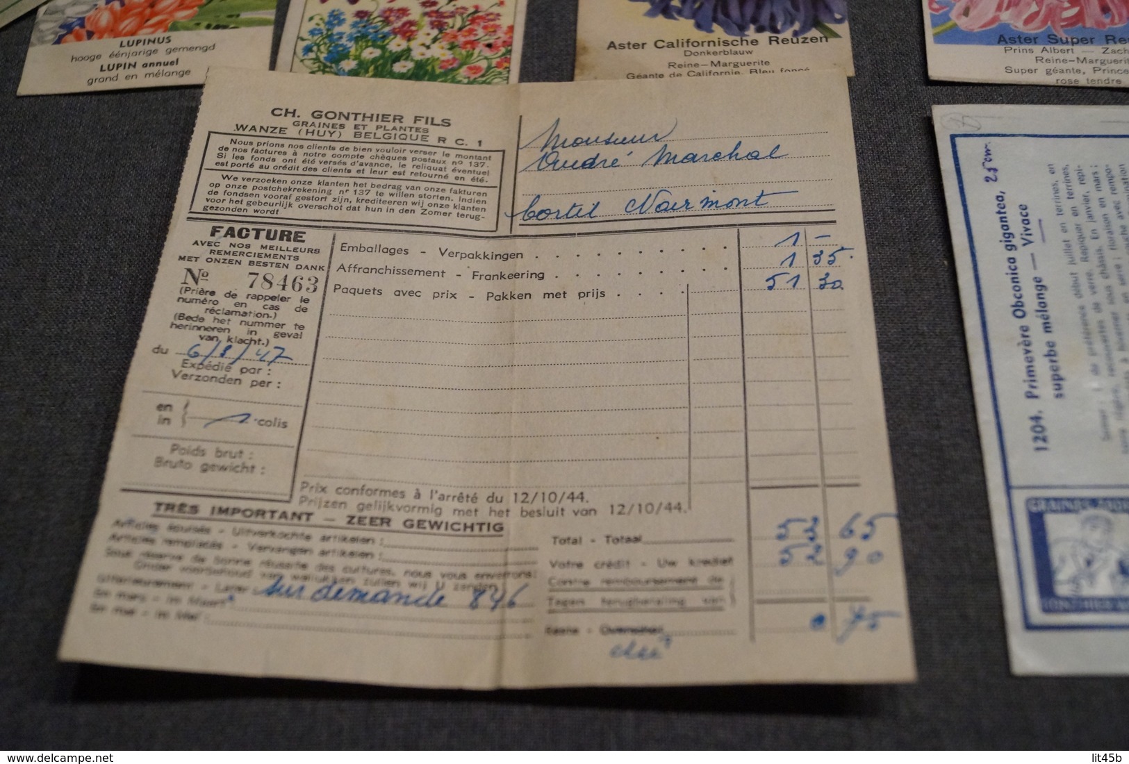 Très beau lot d'ancien paquets de semences (20),Fleurs,graines,Gonthier,etc...1947 avec facture d'époque,jardinage