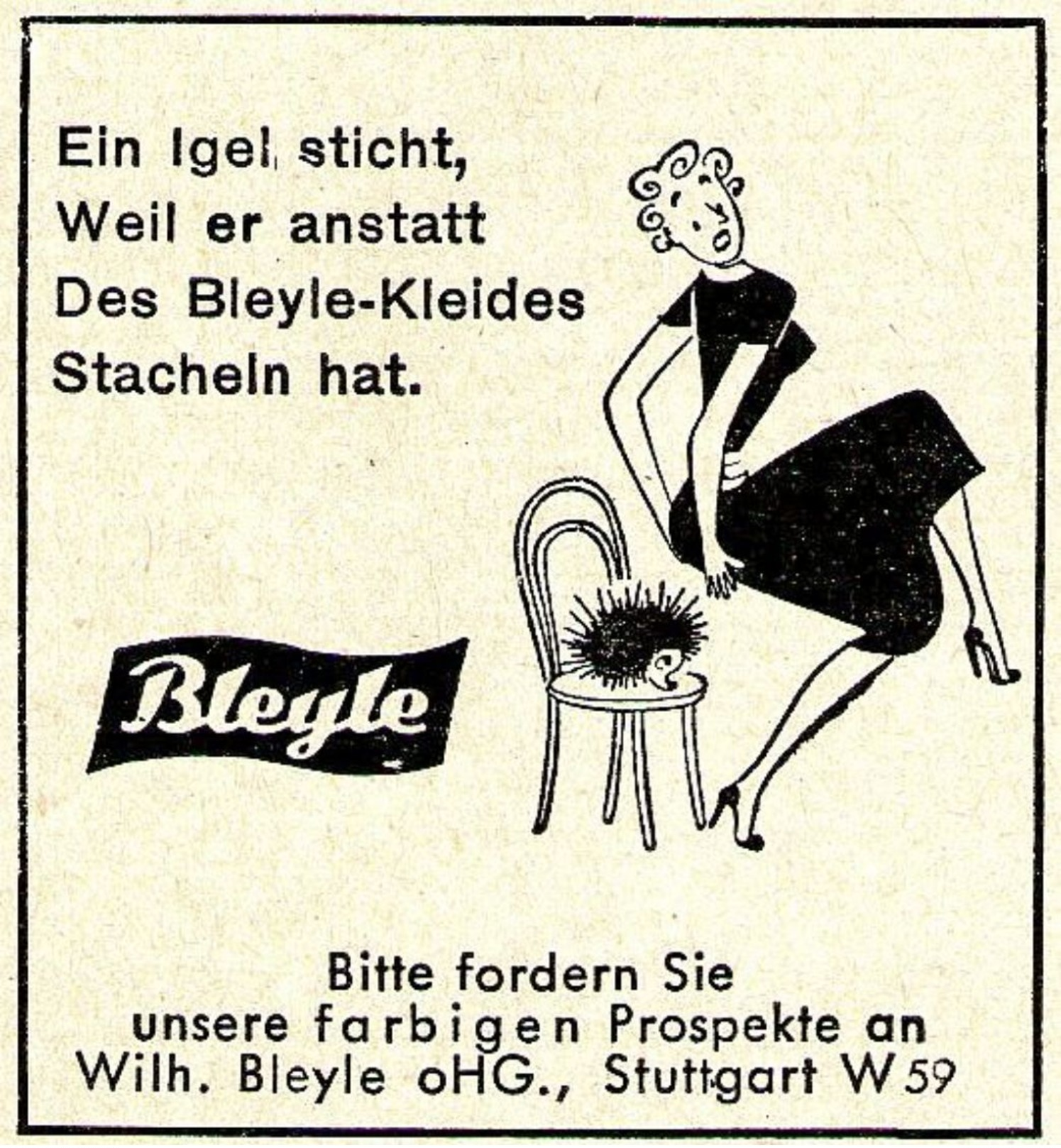 Original-Werbung/ Anzeige 1951 - BLEYLE MODE - STUTTGART / MOTIV IGEL / CARTOON  - Ca. 45 X 45 Mm - Werbung