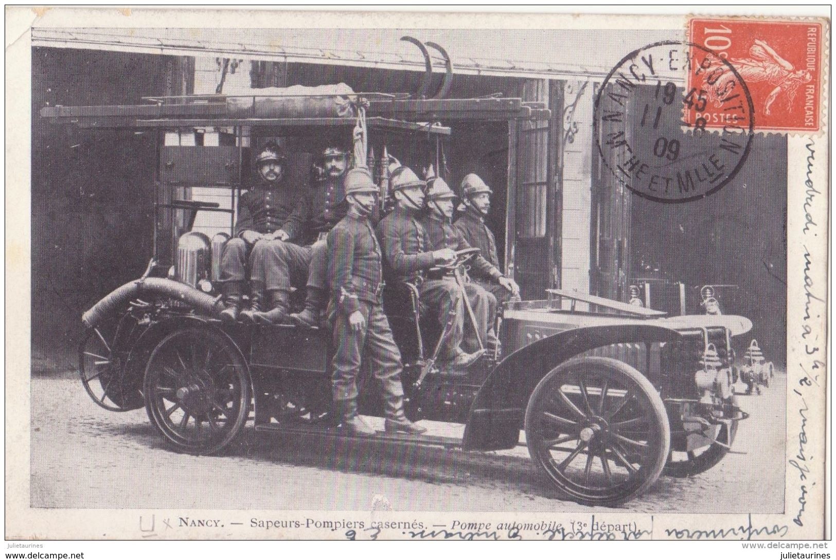 NANCY SAPEURS POMPIERS CASERNES POMPE AUTOMOBILE 1909 CPA BON ÉTAT - Sapeurs-Pompiers