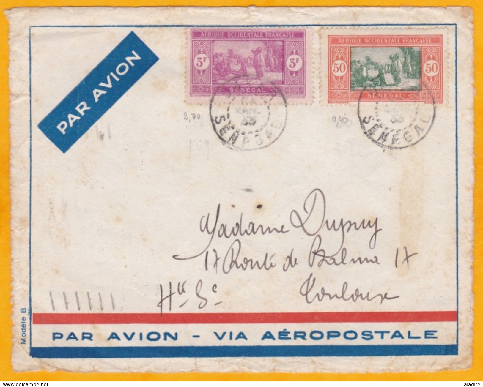 1935 - Devant D'enveloppe De Dakar Avion Vers Toulouse - Ligne Mermoz - Aéropostale Air France - Affrt 3f50 - Posta Aerea