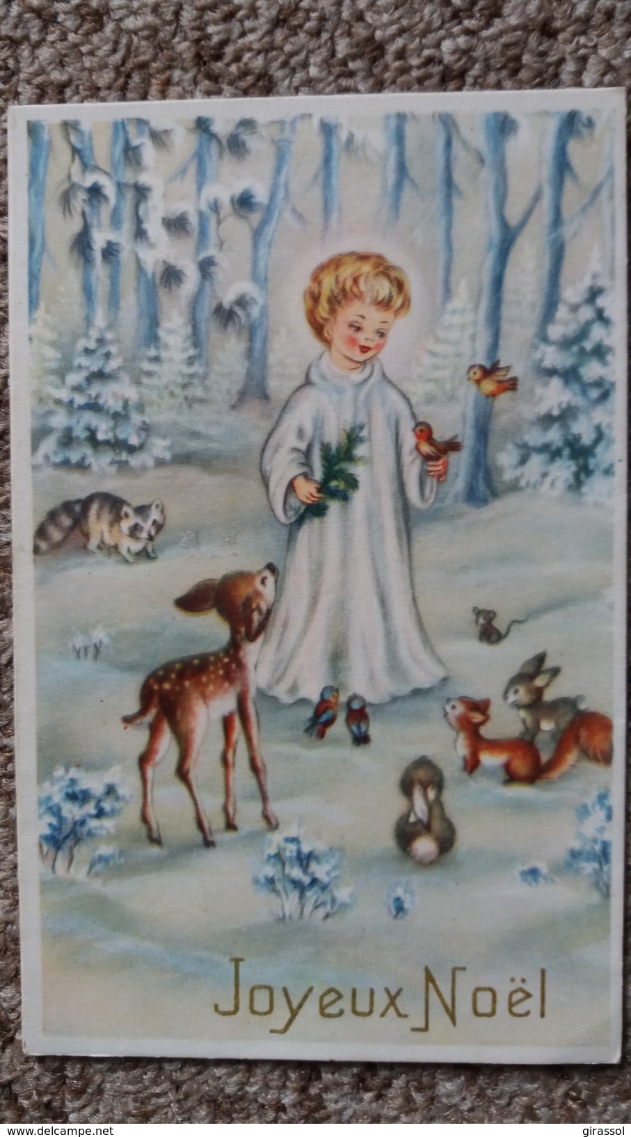 CPSM JOYEUX NOEL ENFANT ANGE ? ANIMAUX DE LA FORET LAPIN FAON ECUREUIL OISEAU - Santa Claus