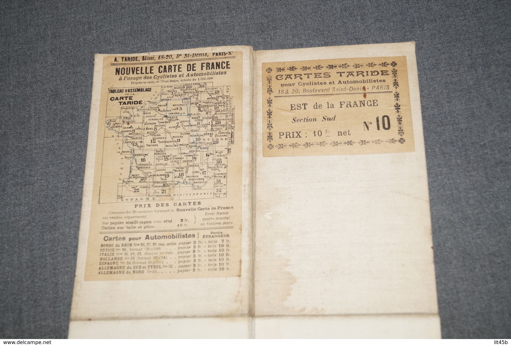 Très Belle Ancienne Carte Taride (sur Toile) Pour Cycliste Et Automoblistes,Est De La France,section Sud,N°10,collection - Cartes Routières