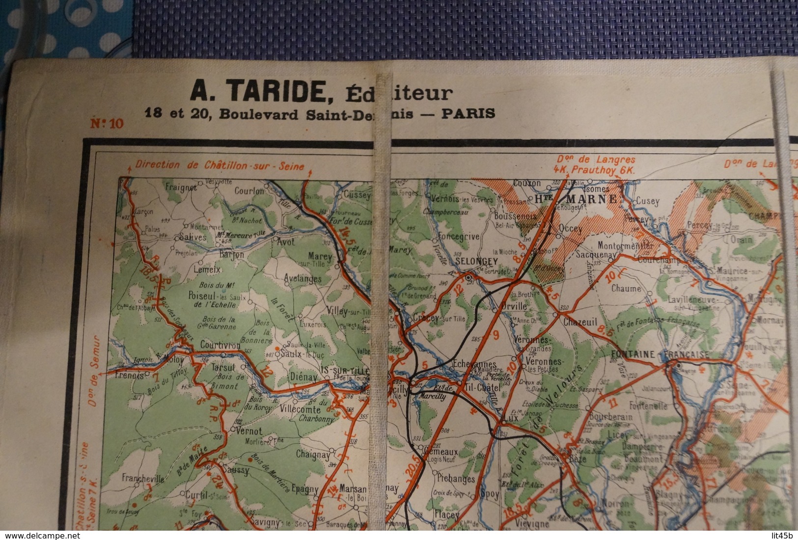 Très belle ancienne carte Taride (sur toile) pour Cycliste et automoblistes,Est de la France,section Sud,N°10,collection