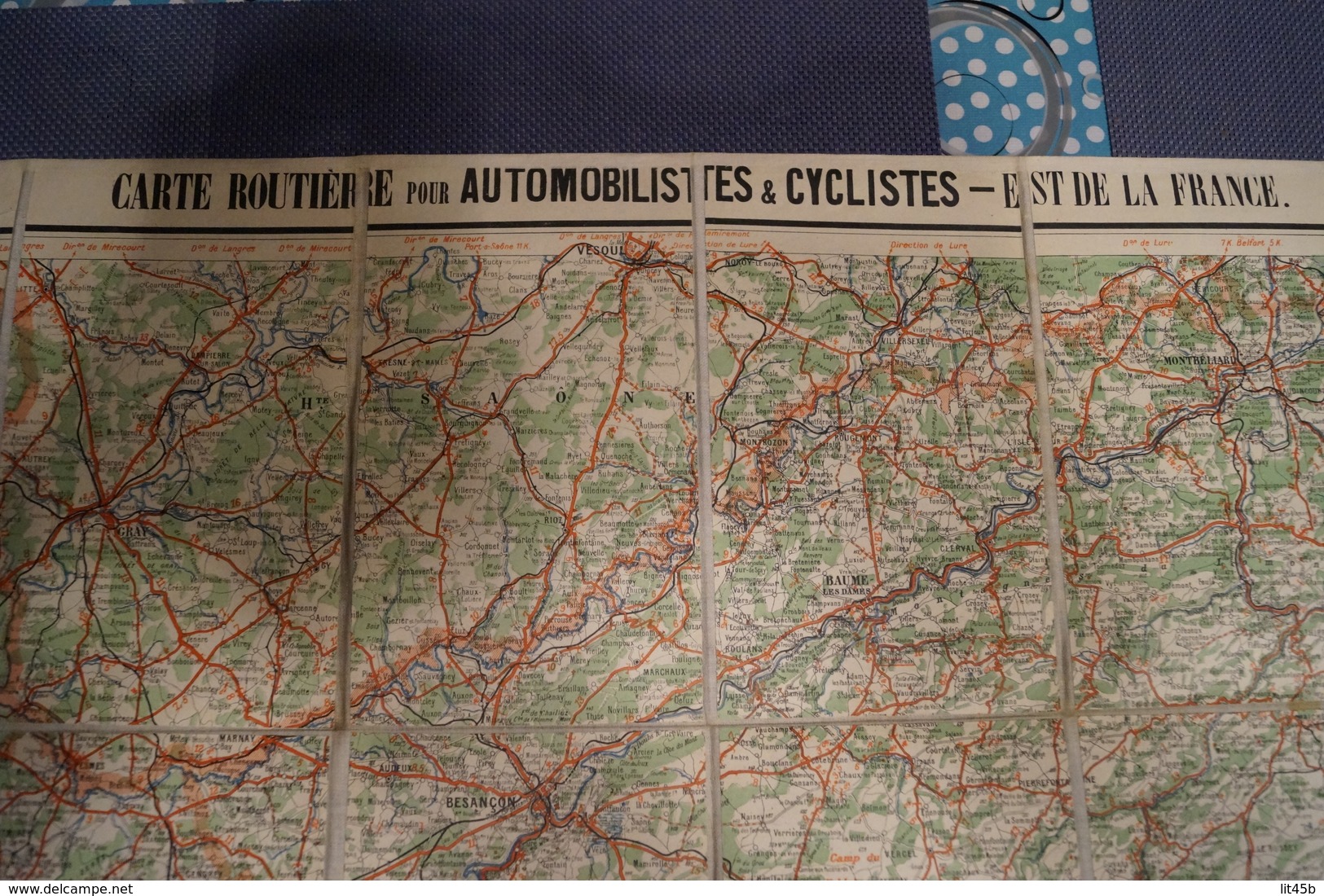 Très belle ancienne carte Taride (sur toile) pour Cycliste et automoblistes,Est de la France,section Sud,N°10,collection
