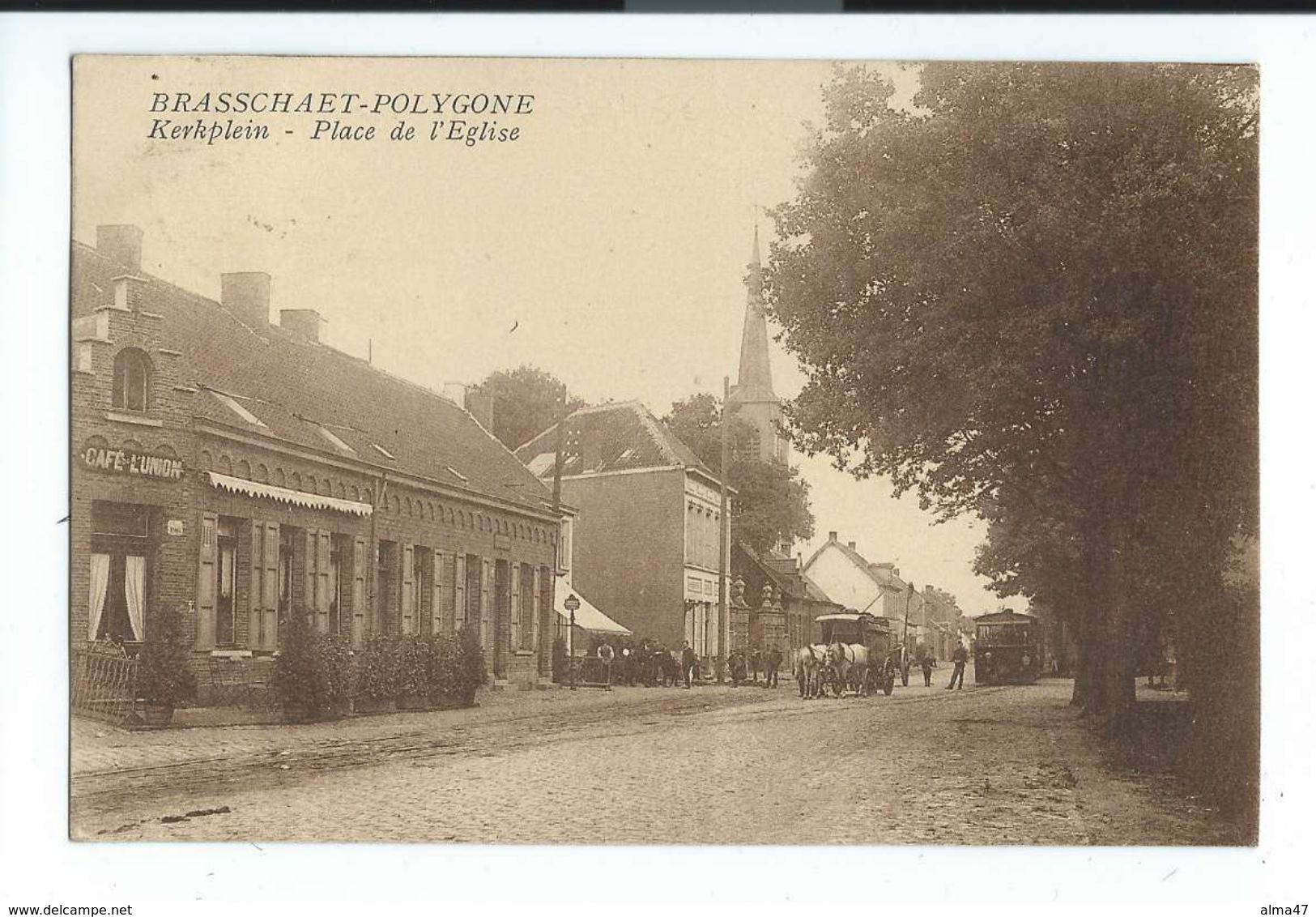 Brasschaet - Polygone - Place De L'église Tram Et Attelage - Kerkplein Tram En Koets - Circulé 1927 - Brasschaat