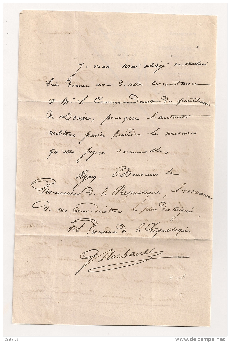 LETTRE 1877 PROCUREUR REPUBLIQUE SAINT JEAN D'ANGELY  A PROCUREUR ALGER    CPA1055 - 1877-1920: Période Semi Moderne